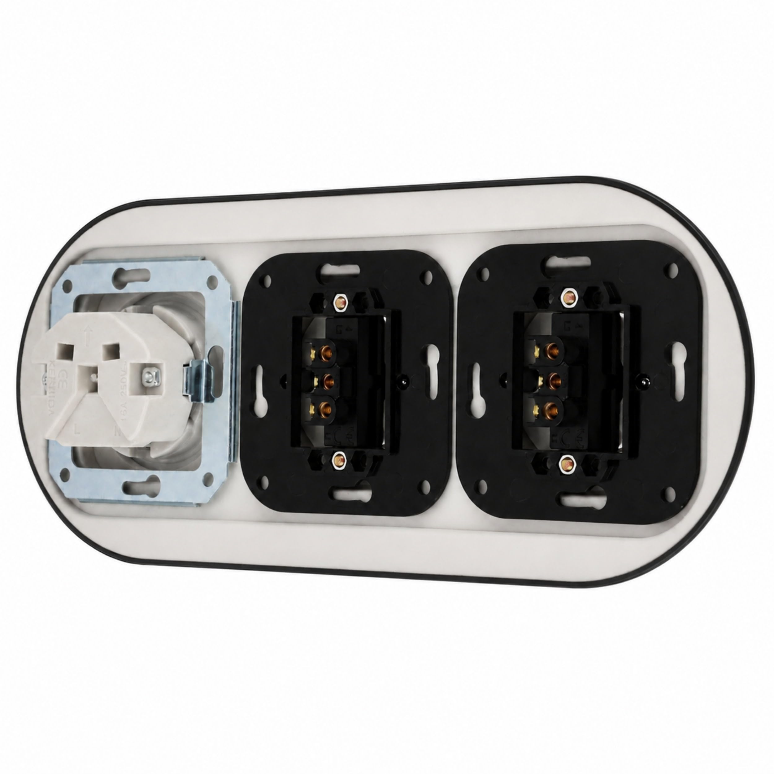 Unterputz Porzellan Retro Steckdose, Schalter, 3-fach, All-in-One, SET Serie PR1 schwarz