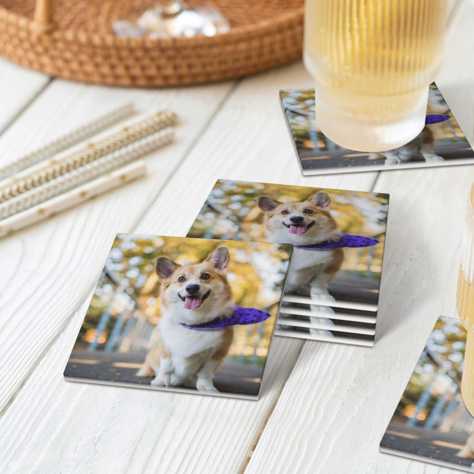 Untersetzer mit Hunde-Corgi-Motiv, bedruckt, Keramik, 4 Stück