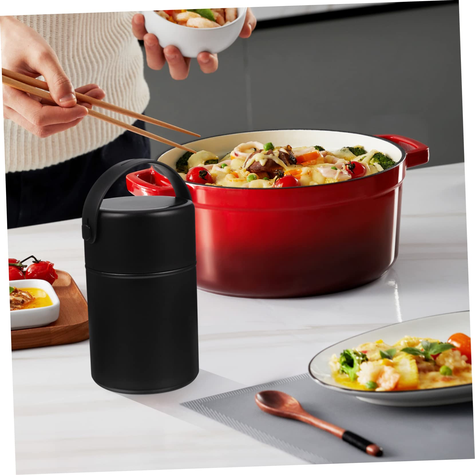 Vaguelly Isolierter Edelstahl Thermobehälter 850ml Auslaufsicher mit Löffel und Henkel für Unterwegs Schwarz