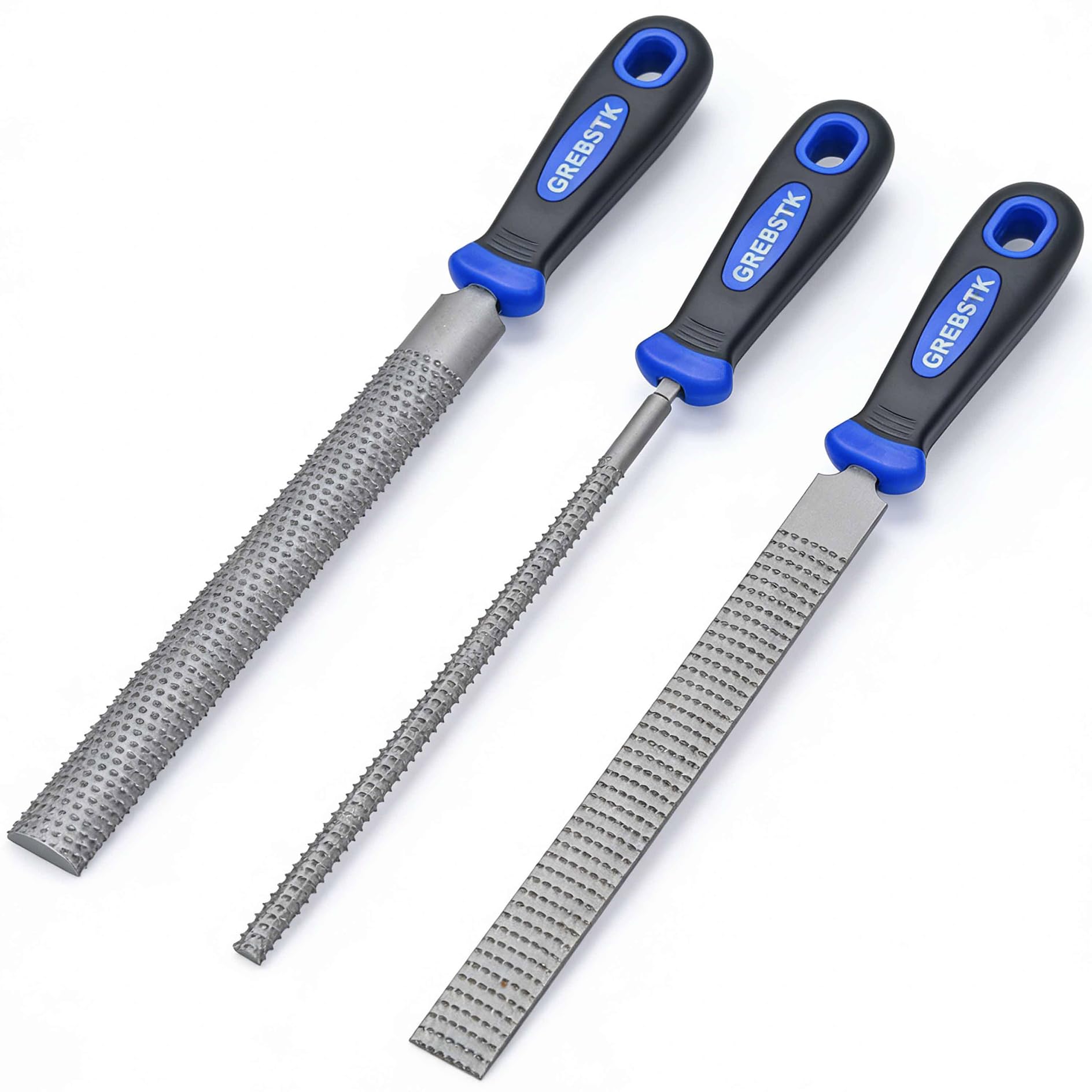 GREBSTK 12 inch Wood Rasp File Set with Rubber Grip Wood Course Cut Rasp 3 PCS Set, Round, Half-Round, Flat File Rasp