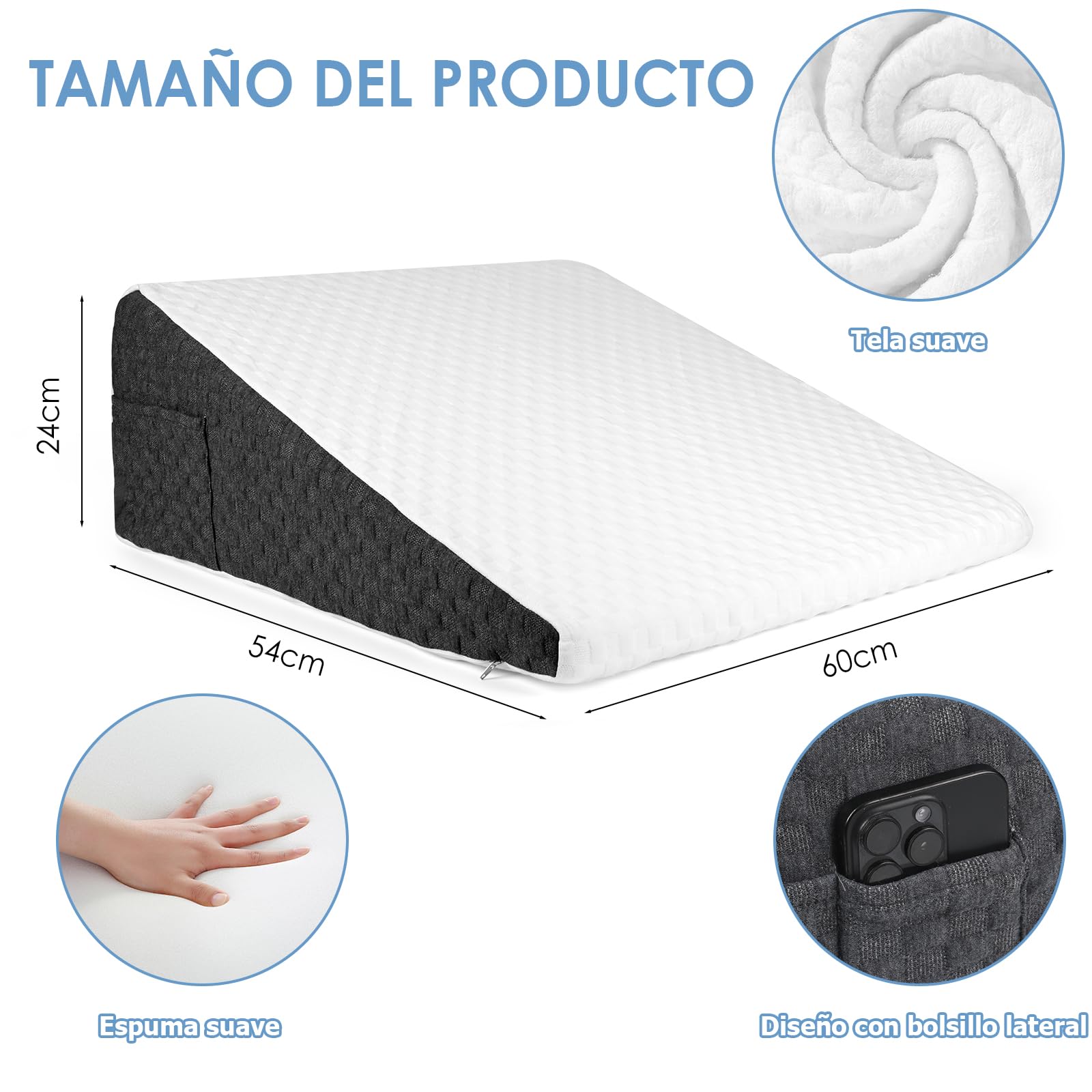 Cuña Antireflujo Adulto, Cojin Lectura Cama, Almohada Cuña, Soporte para La Espalda y Elevador de Piernas con Forma Triangular, para Cama y Sofá