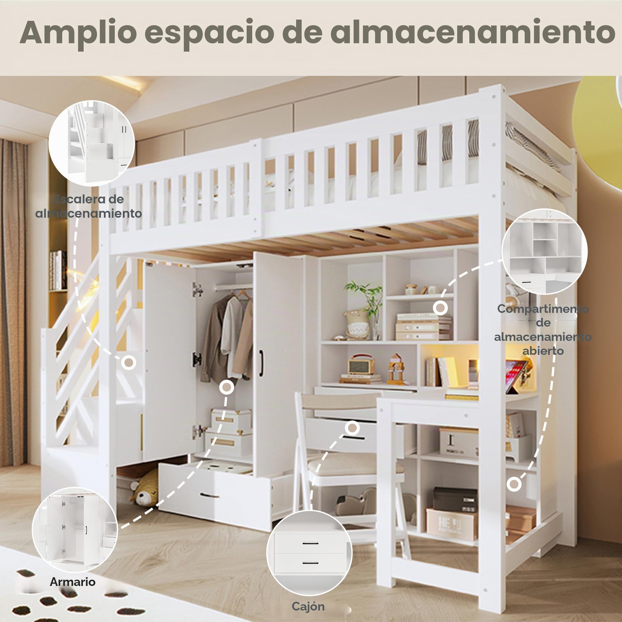 Cama alta de 90 x 200 cm, de madera, con escalera, armario, escritorio, cama juvenil con cajones, compartimentos de almacenamiento, sin colchón