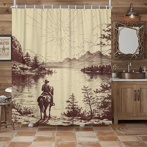 DYNH Cortina de ducha de vaquero occidental, retro, campesino, salvaje, oeste, vaquero, caballo por el río, juego de cortina de ducha de tela