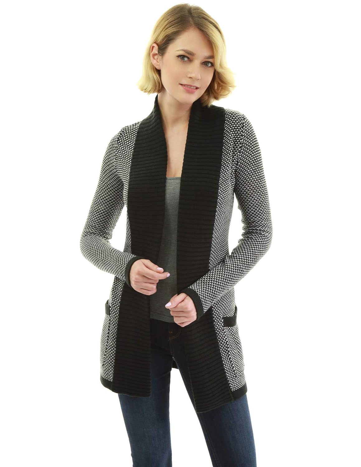 Am lieBoutik Women Open Front Long Sleeve Pocket Marled Sweater Cardigan