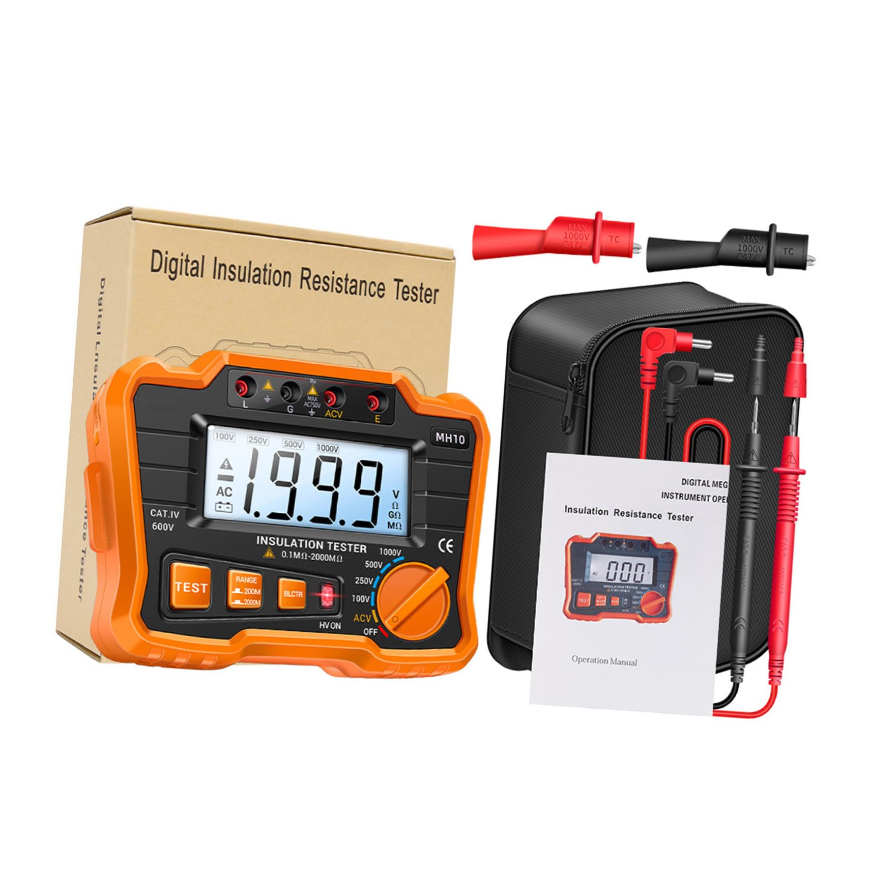 Misuratore Digitale di Resistenza Isolamento Megaohmmetro Lcd Selezione Tensione -500v-1000v e Indicatore Alta Tensione, Tester Elettricista Portatile per Uso Industriale