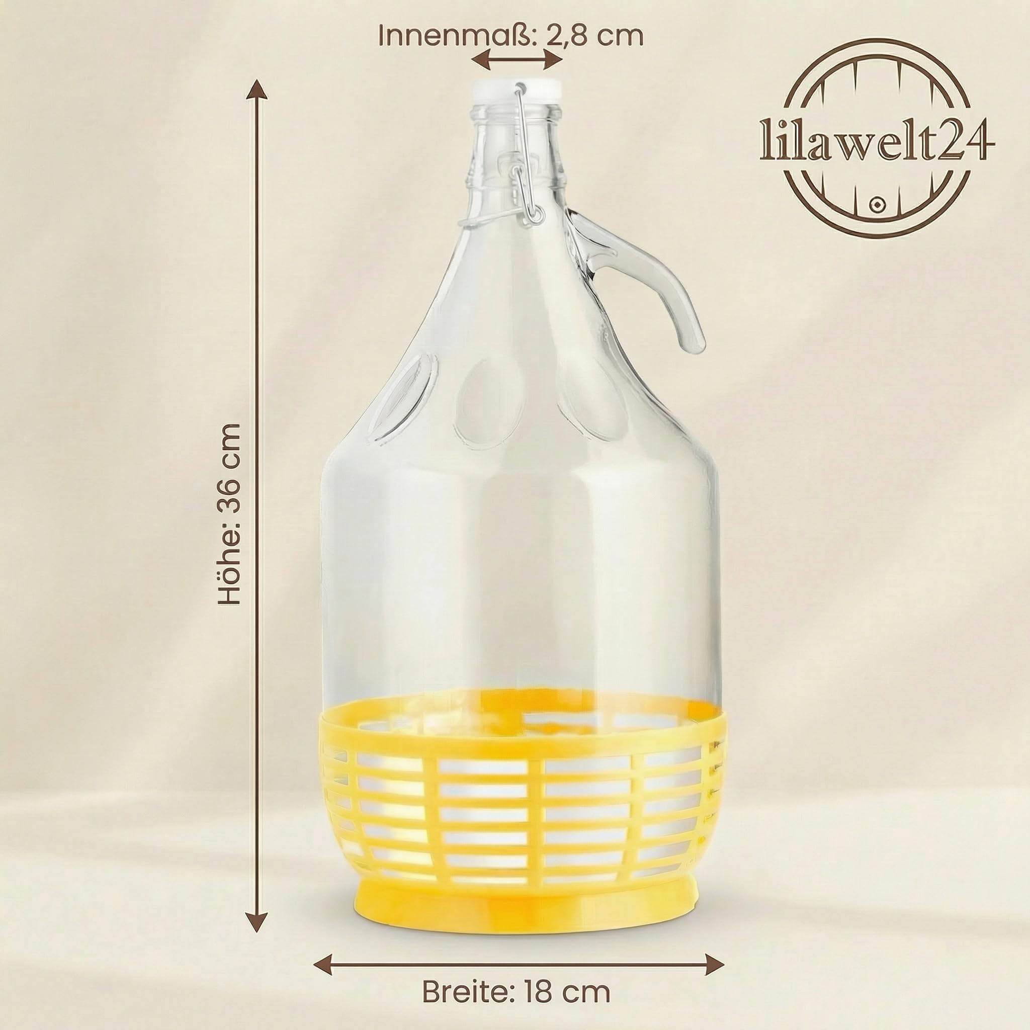 lilawelt24 6 x 5L Glasballon (Gallone) mit Bügelverschluss, Henkel & Kunststoffkorb - Glasflasche für Wein, Gärung, Saft, Likör & Einmachen