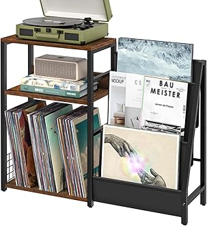 LELELINKY Record Player Stand with Vinyl Storage, 3 Tier Turntable Stand with Display Shelf Storage Up to 150 Albums,Brown End Table for Living Room
