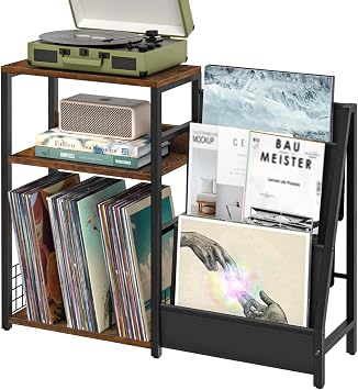 LELELINKY Record Player Stand with Vinyl Storage، 3 Tier Turntable Stand with Display Shel Storage حتى 150 ألبومًا ، طاولة نهاية بنية لغرفة المعيشة