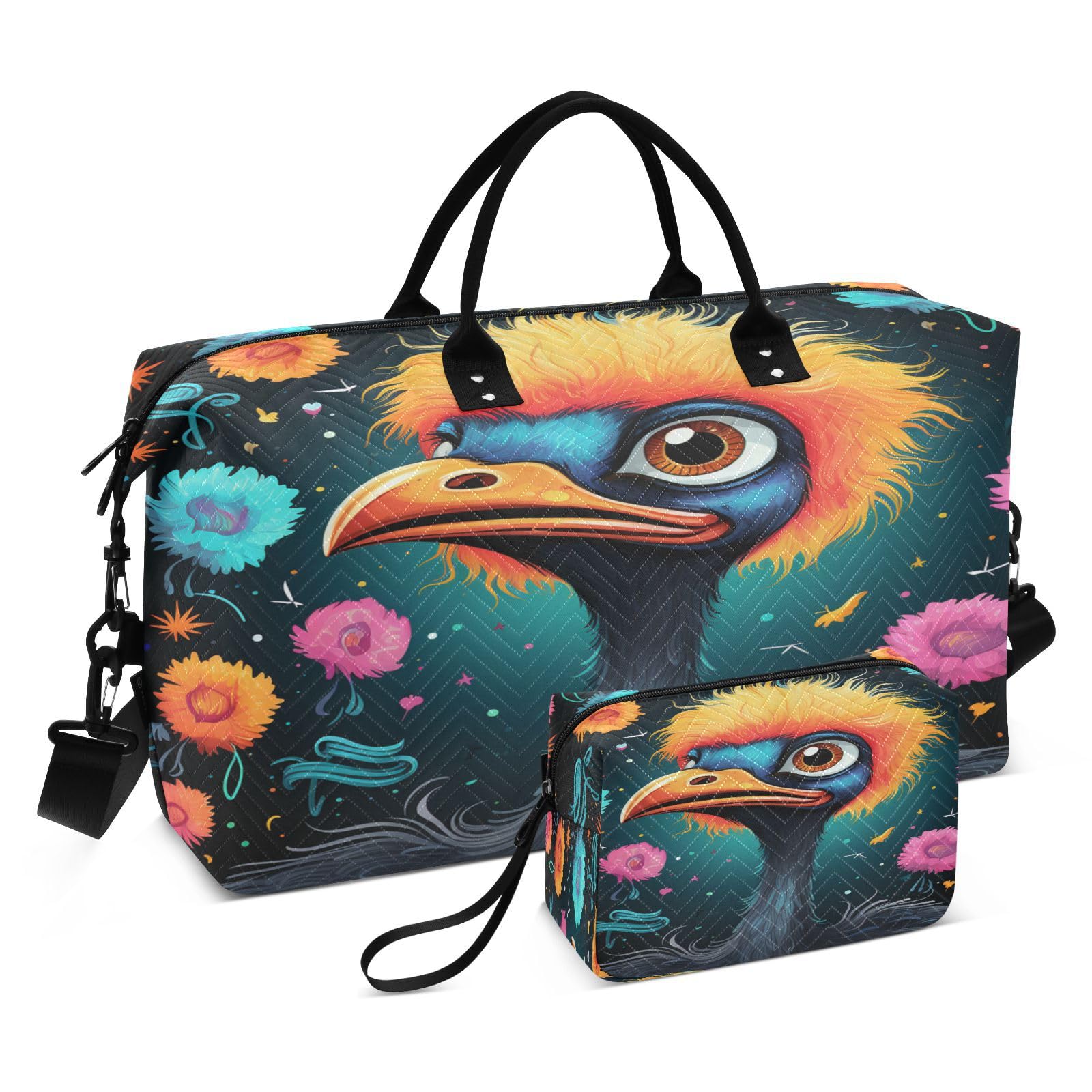 Cute Watercolor Ostrich Sports Swim Gym Bag Weekender Duffel Travel Bags Handbag with Makeup Storage Bag for Girls Men