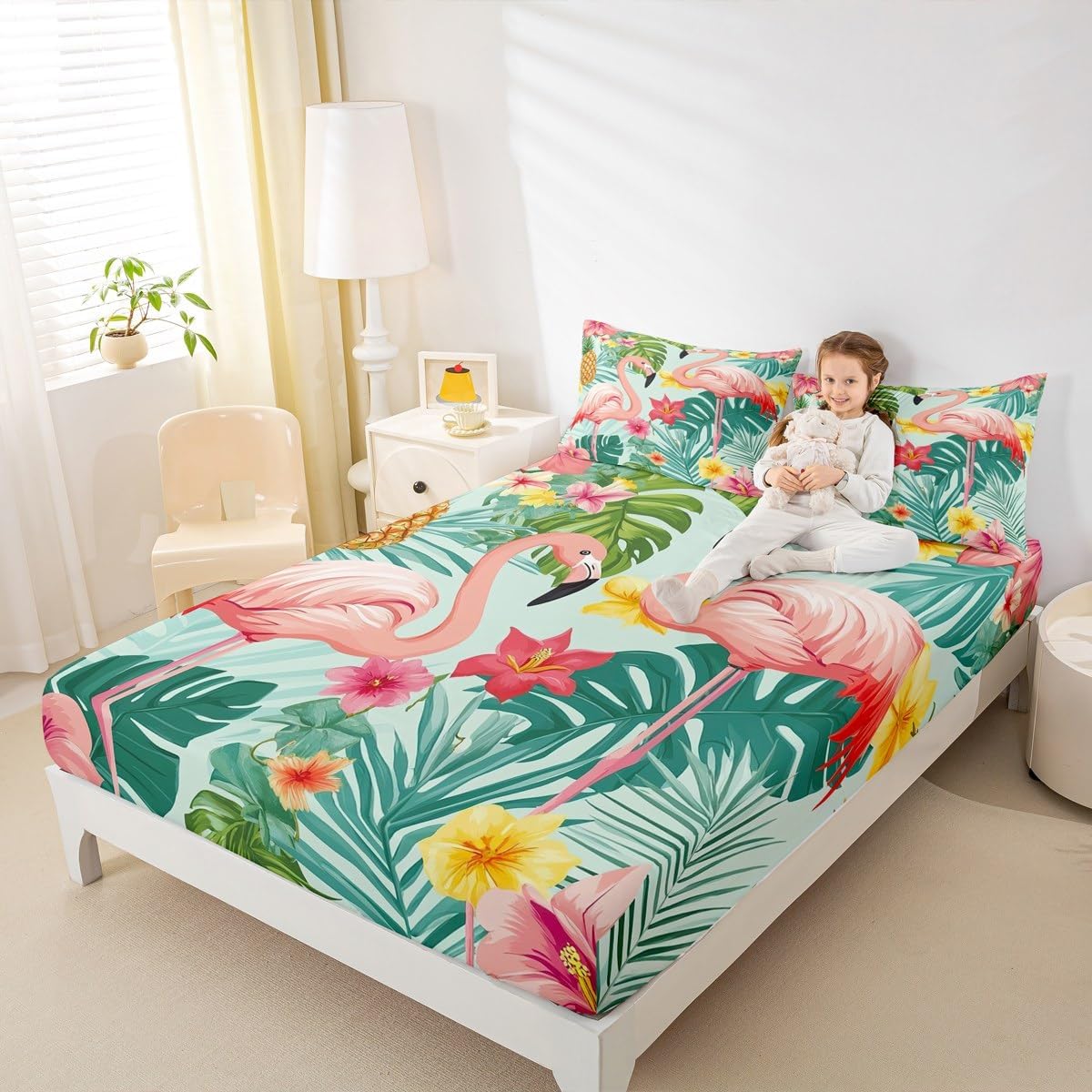 Tropical Flamingo Bedding Set Twin Size, Pink Flamingo Fitted Sheet Palm Tree Print Bedding Set Botanical Bed Cover with 1 Pillow Case (No Flat Sheet)