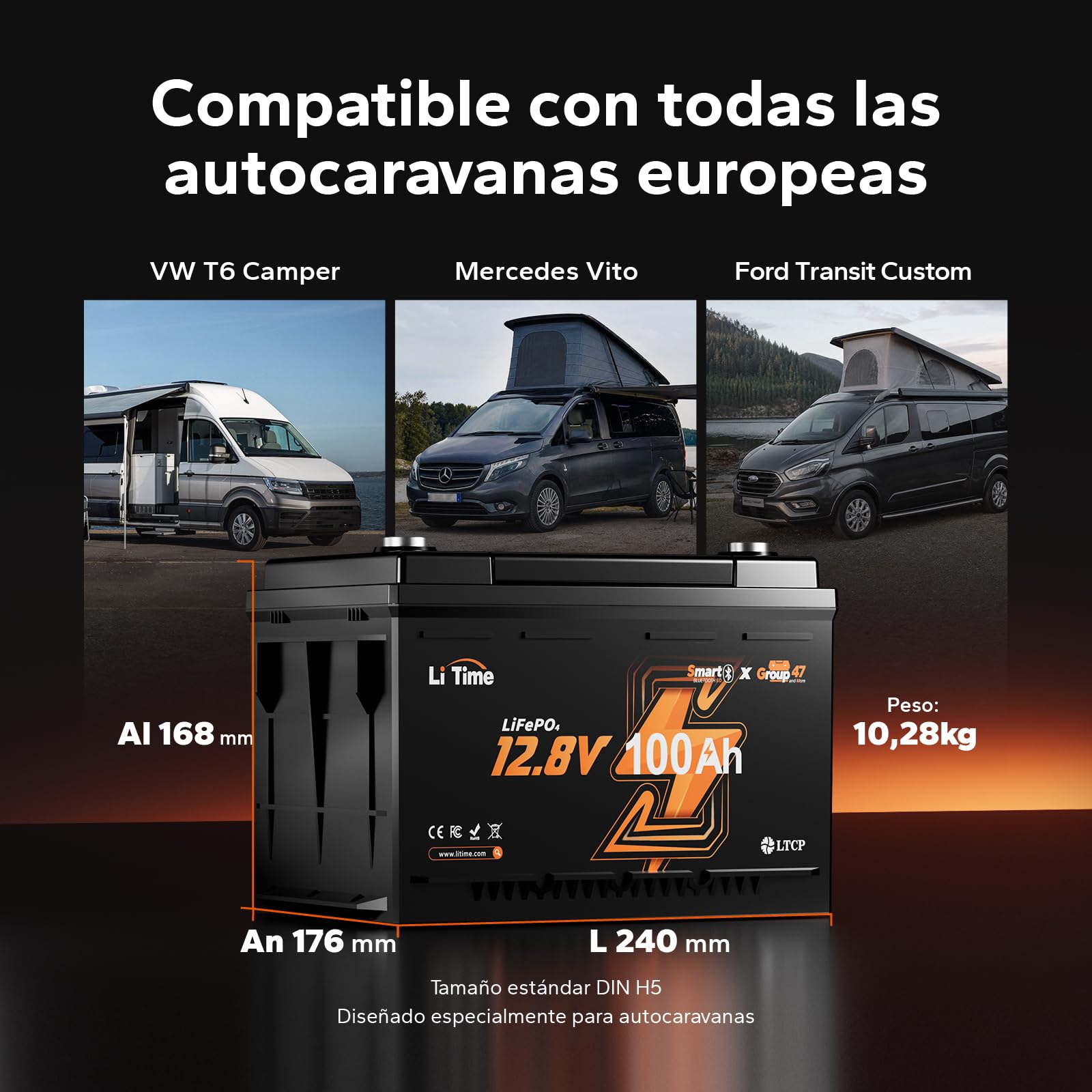 Batería de Litio LiFePO4 12V 100Ah con Bluetooth, Batería para Asiento DIN H5 (AI168 mm) para Autocaravana con BMS de 100A, Protección de Baja Temperatura, Asiento Giratorio, Barco y Sistema Solar Off