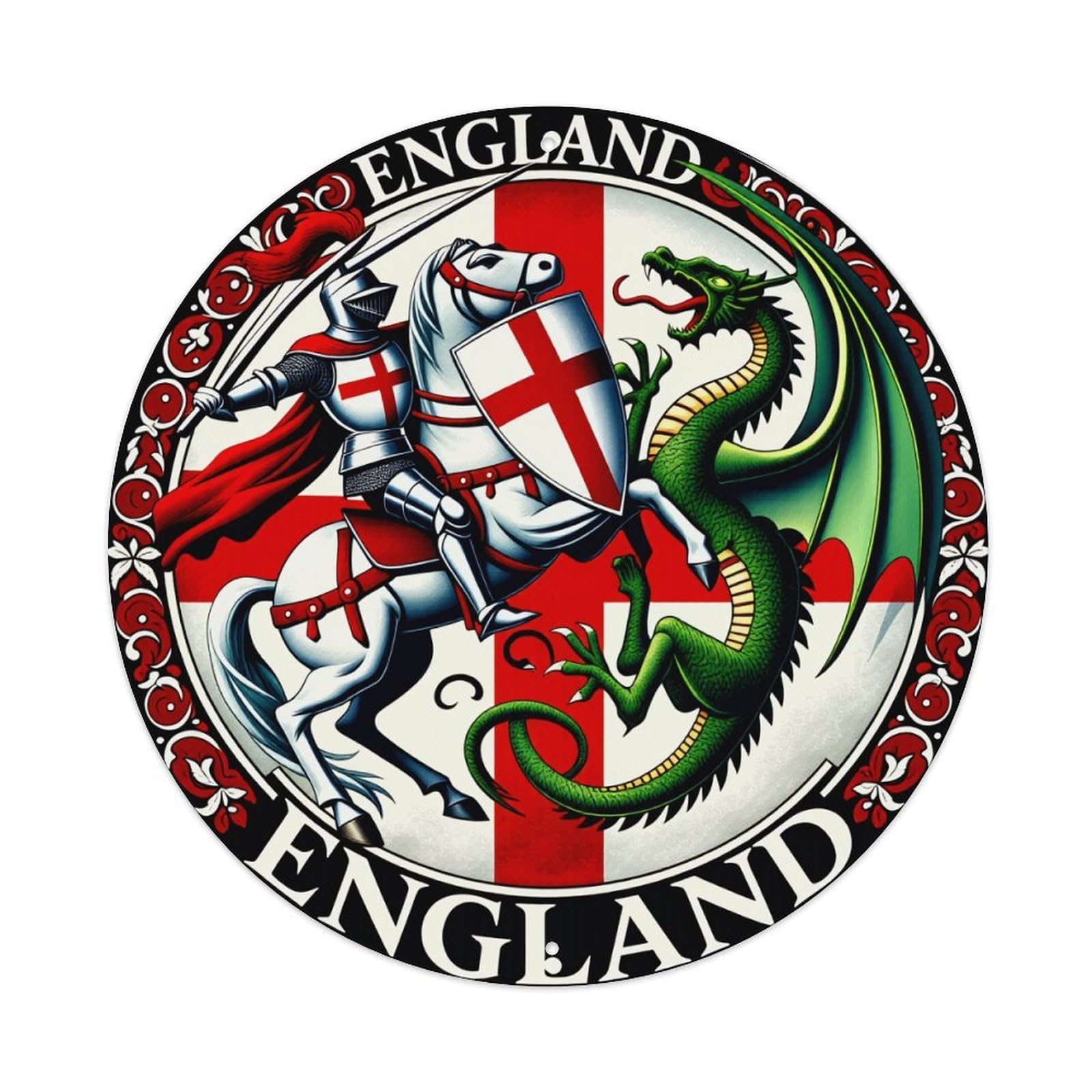Wmlzdnwr Vintage Knight On Horse Fighting Green Dragon With Shield And Sword Round Tin Sign,Retro Wall Art,Metal Poster For Home, Bar, Garage, Cafe, Rustic Indoor & Outdoor Decor, 8X8 Inches