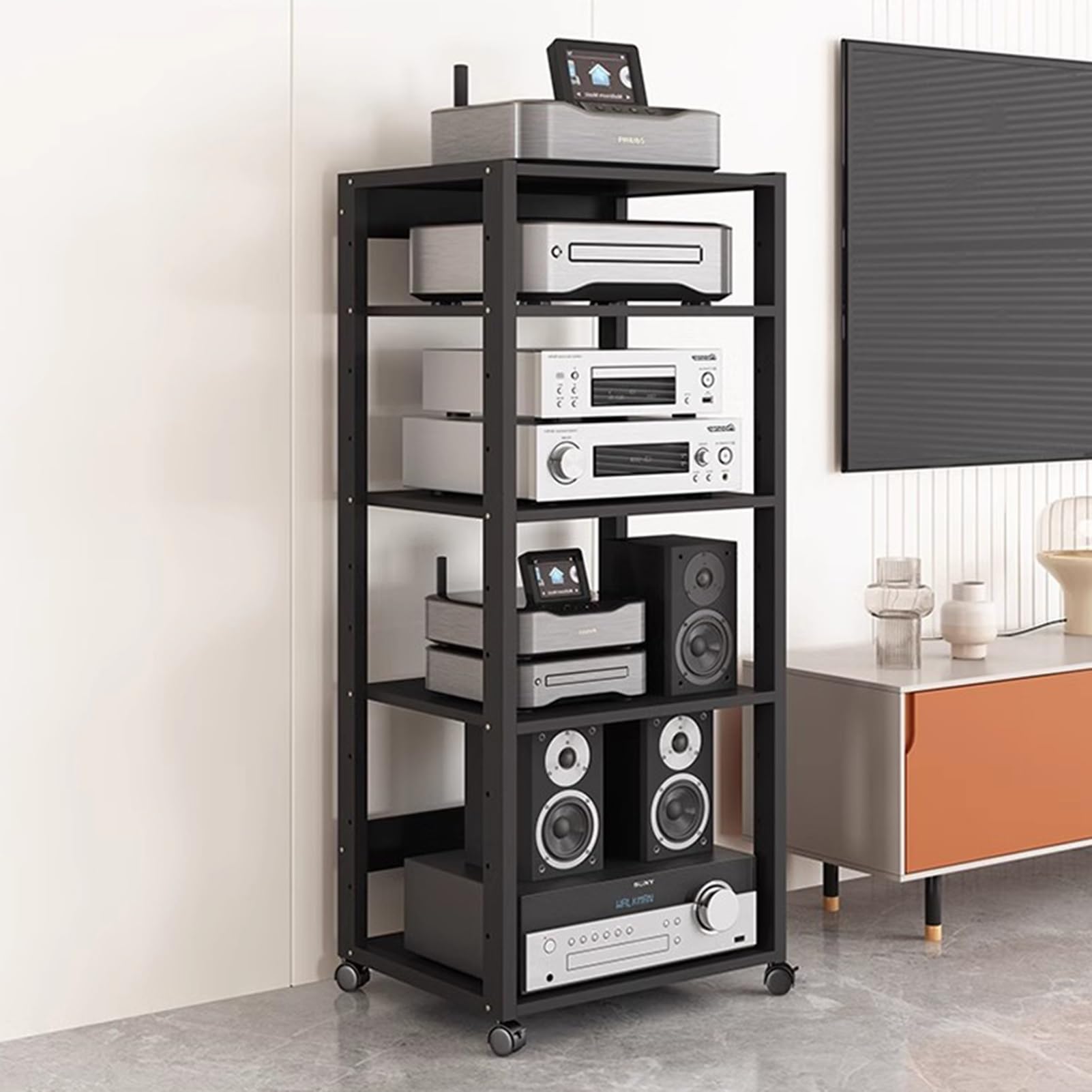 ROHCGHC Audio Rack Tower, Adjustable Shelves AV Media Stand, Corner DVD Stereo Component Console Electronics Equipment Storage Tower- 4 Tier(131cm(51 5/8) 5 Tier)