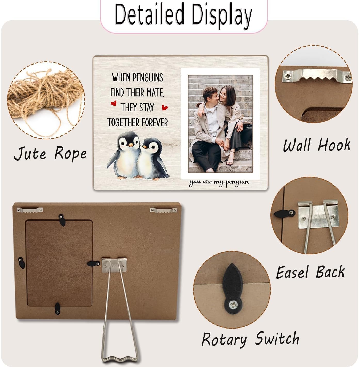 Penguin Photo Frame Gift, Engagement Picture Frame, Wedding Gifts for Couple, Valentine's Gift for Him Her, Anniversary Couple, fits 4x6 Photo, When Penguins Find Their Mate They Stay Together Forever