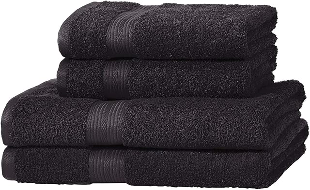 Amazon Basics Zestaw ręczników, 2 ręczniki kąpielowe i 2 ręczniki do rąk, odporne na blaknięcie, 100% bawełny, 500 g/m2, 4 sztuki, kolor czarny, 140 x 70 cm i 100 x 50 cm