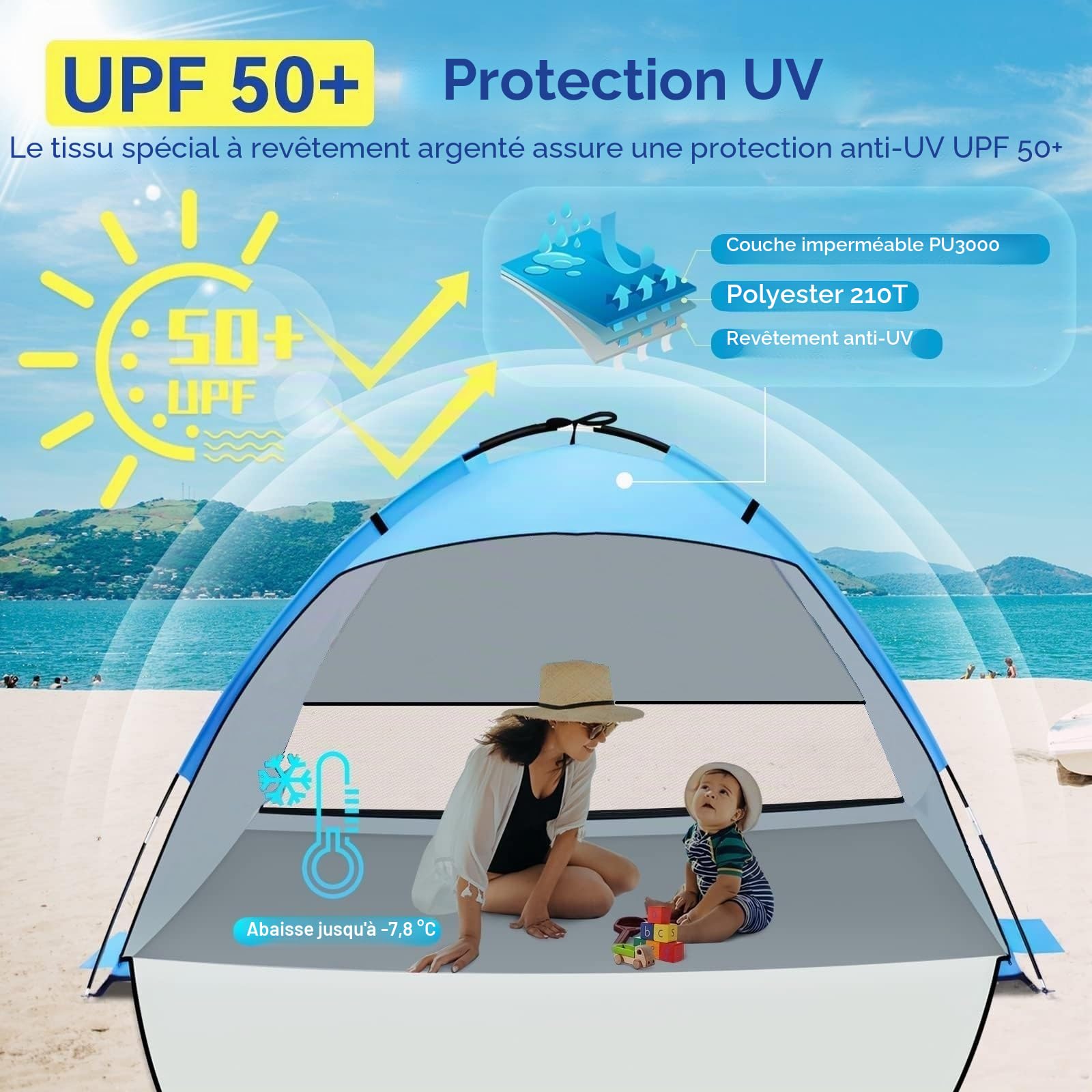 Tente de Plage Anti-UV 50+, Portable Abris de Plage pour 3-4 Personnes, Contre Le Vent, Tente Plage Famille avec Sac de Transport