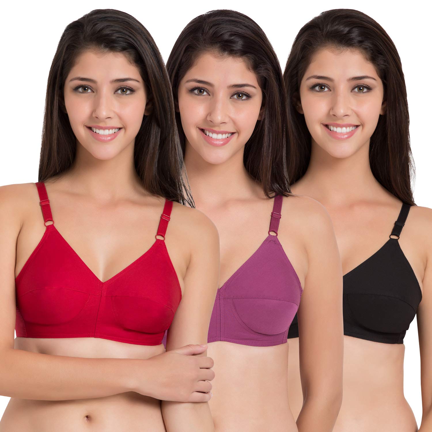 souminie Women's Cotton Non-Padded Non-Wired Everyday Bra (SLY-933_Red-Magenta-Black_34D) Pack of 3-picture-29