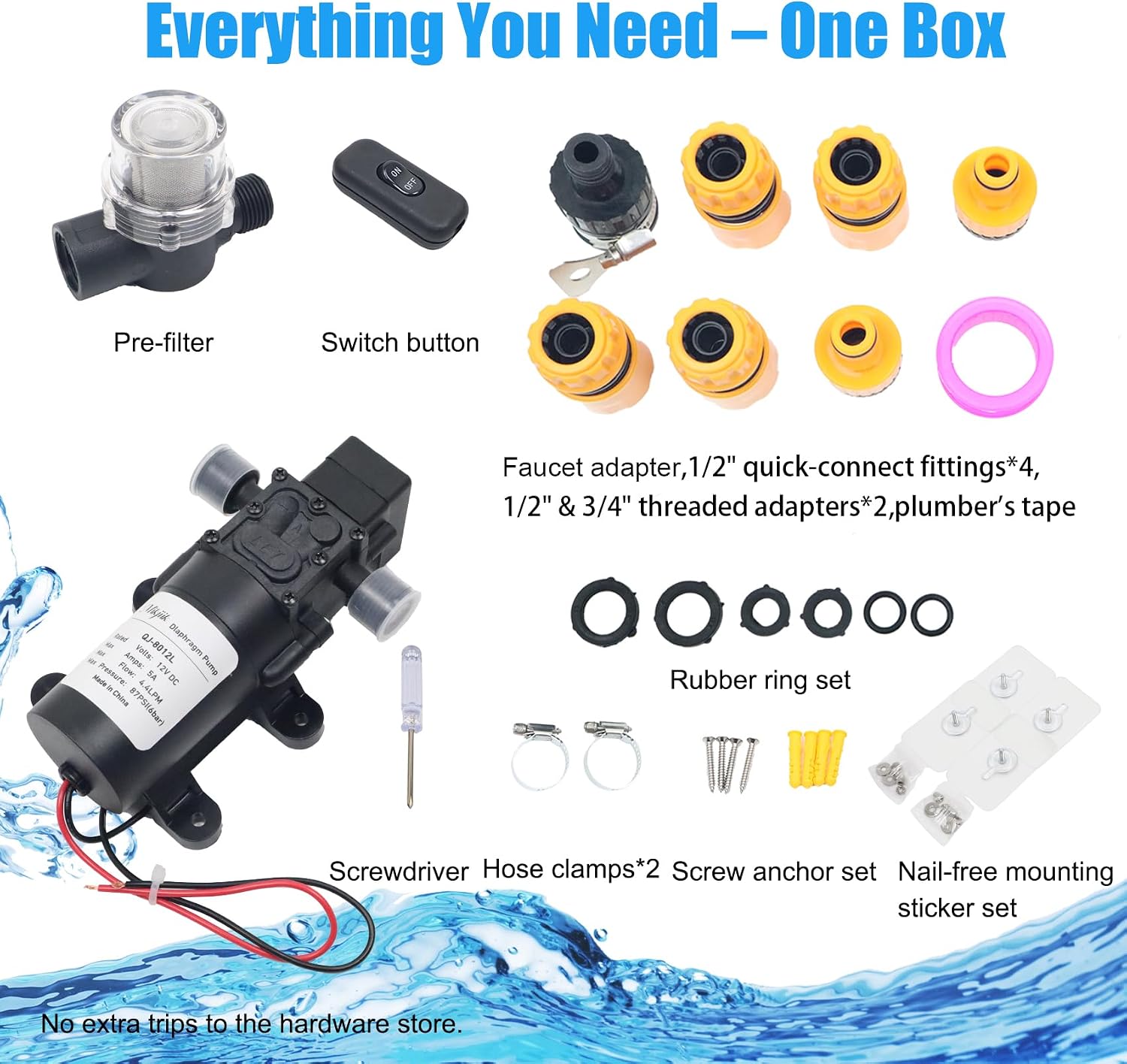 DC 12V Diaphragm Pump, Self-Priming Water Pump with Deluxe Hose Quick Connect Kit, 1.2 GMP, 87 PSI, Suitable for Garden Irrigation, RV, Camper, Shower, and Marine Boat