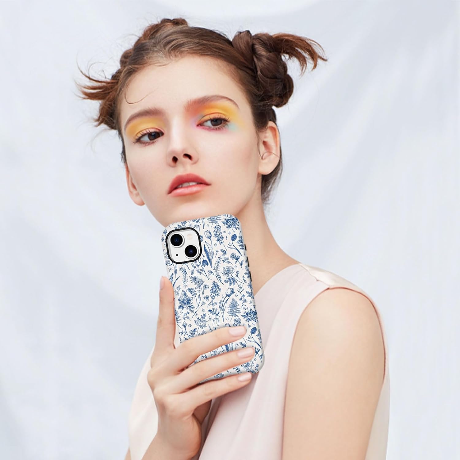 Compatible for iPhone 15 Plus Case Vintage Blue Flowers Florals Cute Aethetic Design for Women Girls [Compatible with Magsafe] Rugge 2-in-1 Layer Shockproof Anti-Scratch Phone Case