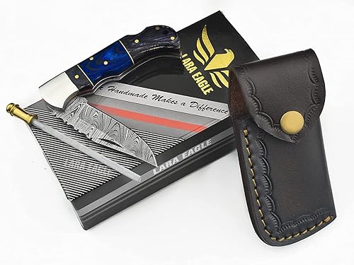 Miniatura 7 de Lara Eagle Cuchillo de bolsillo personalizado de Damasco para hombres, cuchillos de caza plegables hechos a mano de acero sólido multicapa con