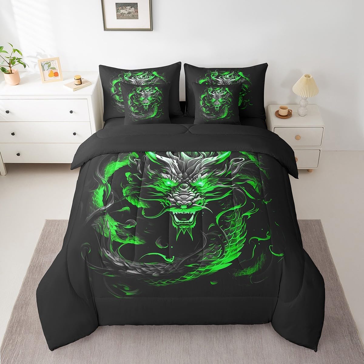Castle Fairy 3D Dragon 7 Pieces Comforter Set Full Size,Neon Green Flame Dragon for Kids Boys Men Adult,Wildlife Animals Bed in a Bag Cool Magical Black with Comforter, Sheet Sets and Pillow Cases image 2