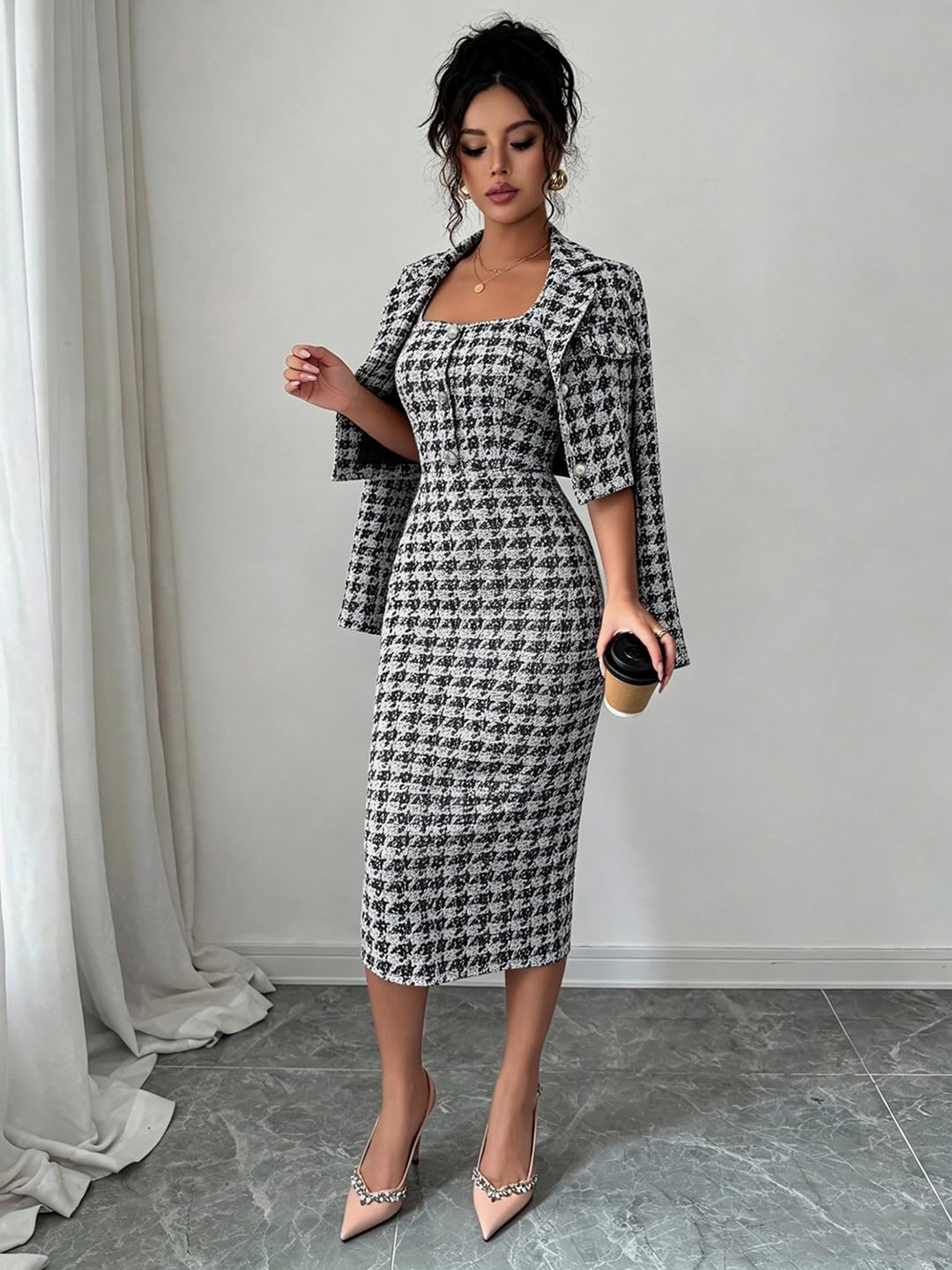 Zweiteiliges Tweed Outfit Für Damen Kurzer Blazer Und Figurbetontes Midikleid Elegantes Hahnentrittmuster Formelles Outfit Für Damen Ideal Für Hochzeiten Partys Und Büro