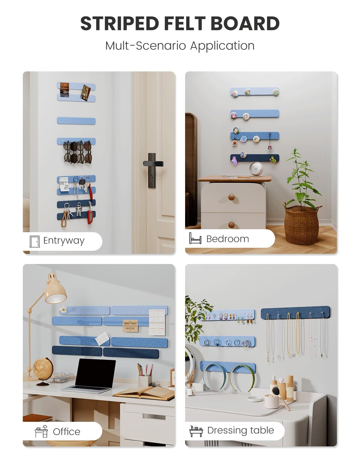 Pizarra de Felpa para Oficina 13x2 pulgadas, Juego de 8 Paneles de Felpa Adhesivos con 30 Chinchetas, Pizarra de Fotos/Memo/Anuncios para Escuela, Casa, Cocina - Denim Mist