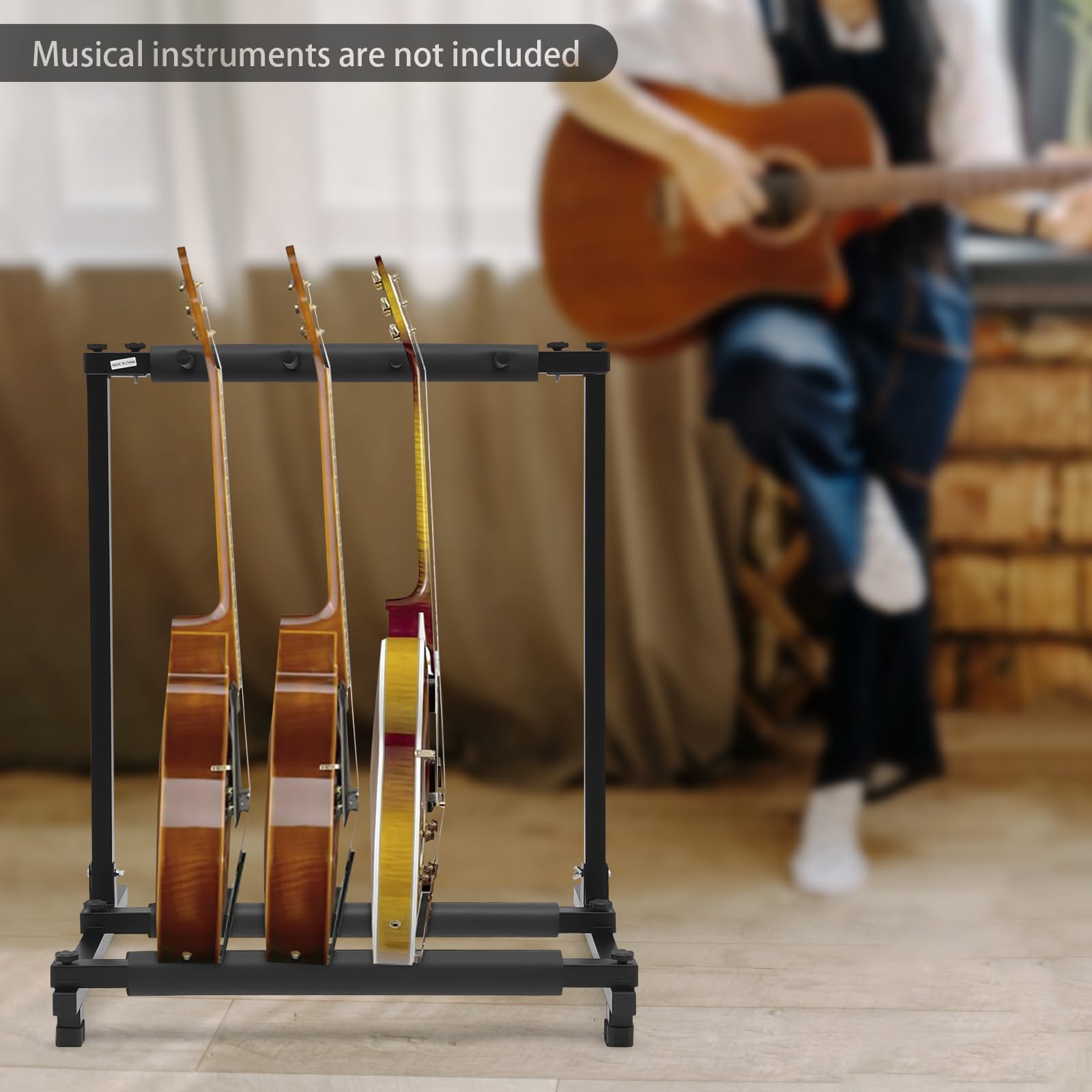 3-krotny stojak na gitarę, regulowane nogi, składany uchwyt na gitarę, przenośny, uniwersalny statyw do gitary akustycznej, gitary klasycznej, basów, czarny, 62,5 x 47 x 73 cm