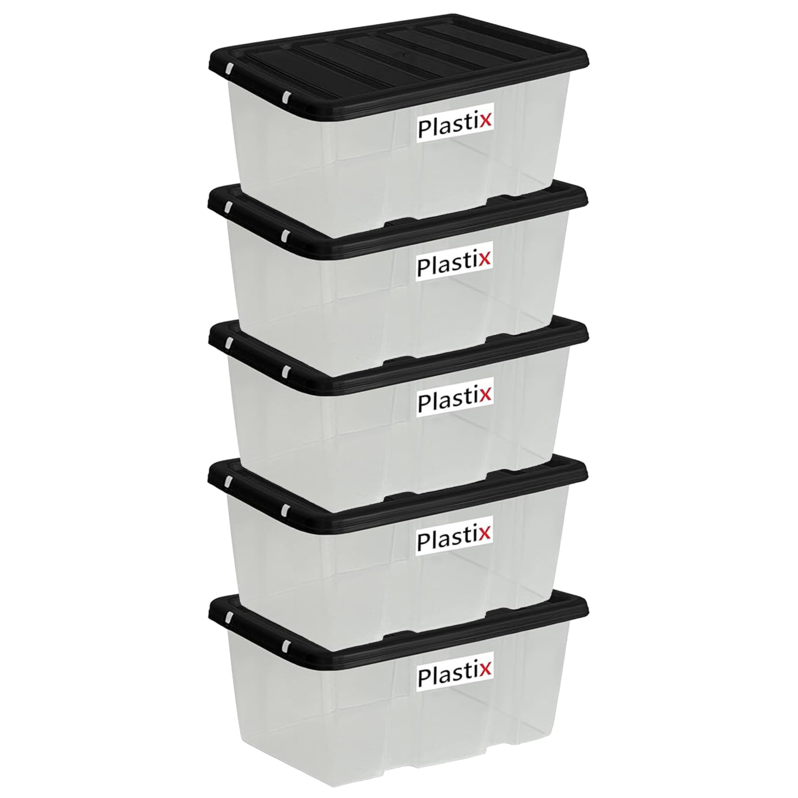 Plastix Clear Plastic Storage Box Boxes With Black Lids Home Office Stackable UK Made (5, 24L)