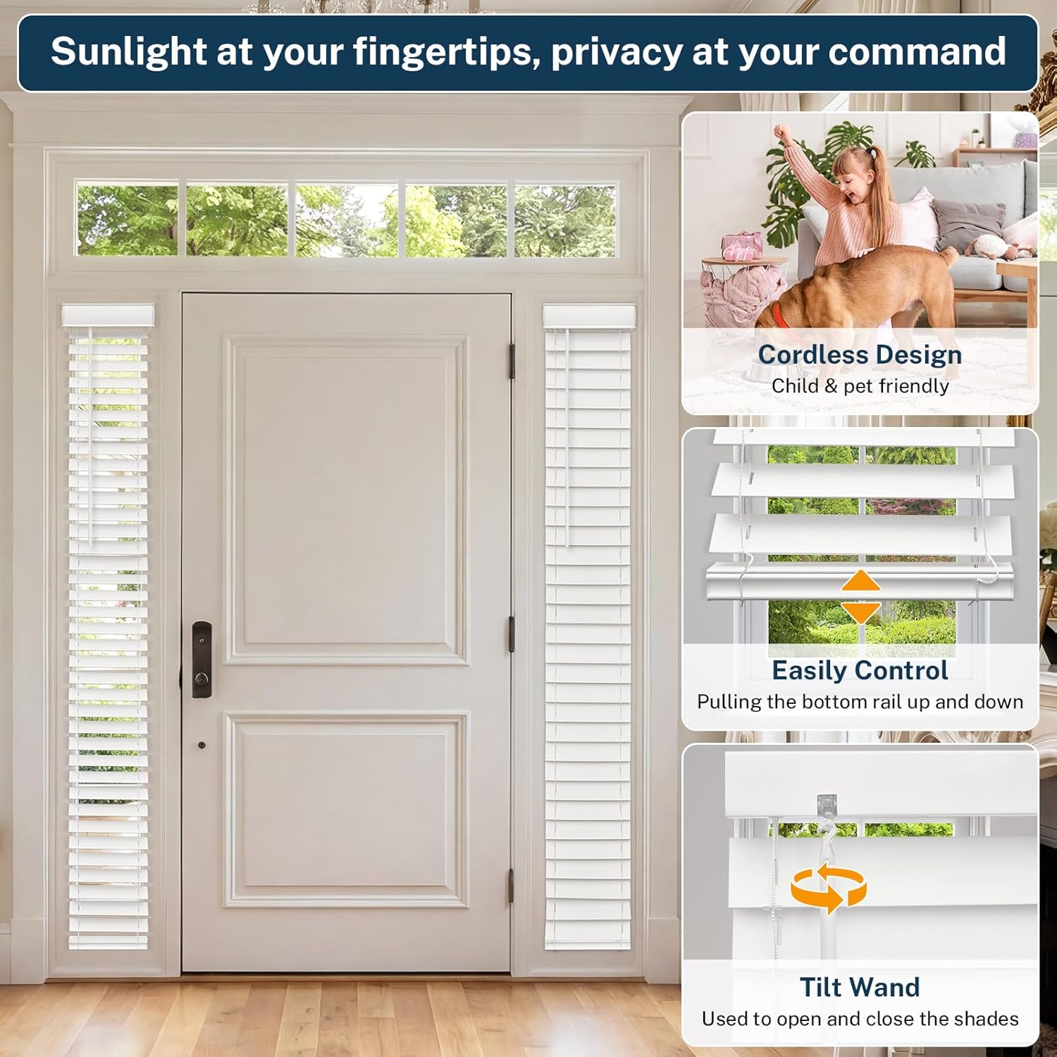 Cordless Sidelight Blinds, 12" x 72" White Faux Wood Horizontal Window Blinds for Front Door, 2" Slats with Adjustable Tilt Wand, Privacy Light Control for Narrow Windows and Entryways, 1 Pack