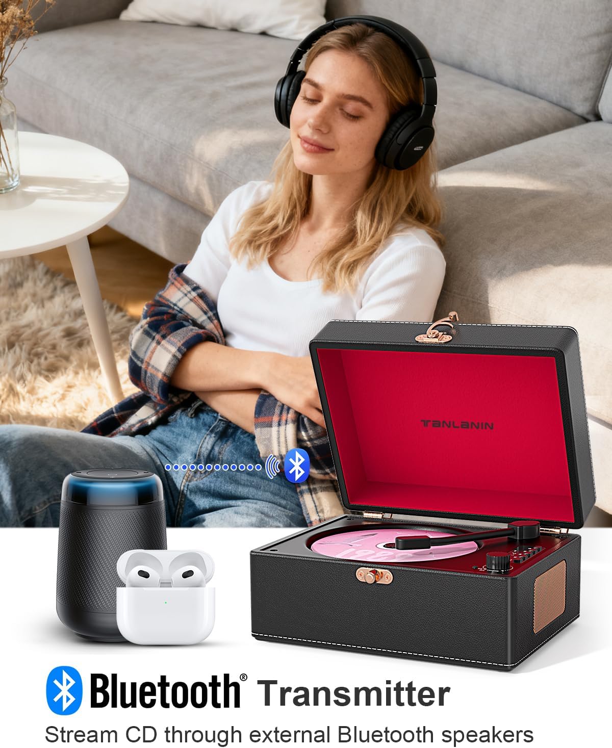 Vintage Portable CD Player with Built-in Speakers, Bluetooth Input & Output, LED Display, Retro Suitcase Design – Perfect Music Gift for Home, Relaxation & Stylish Décor, Black