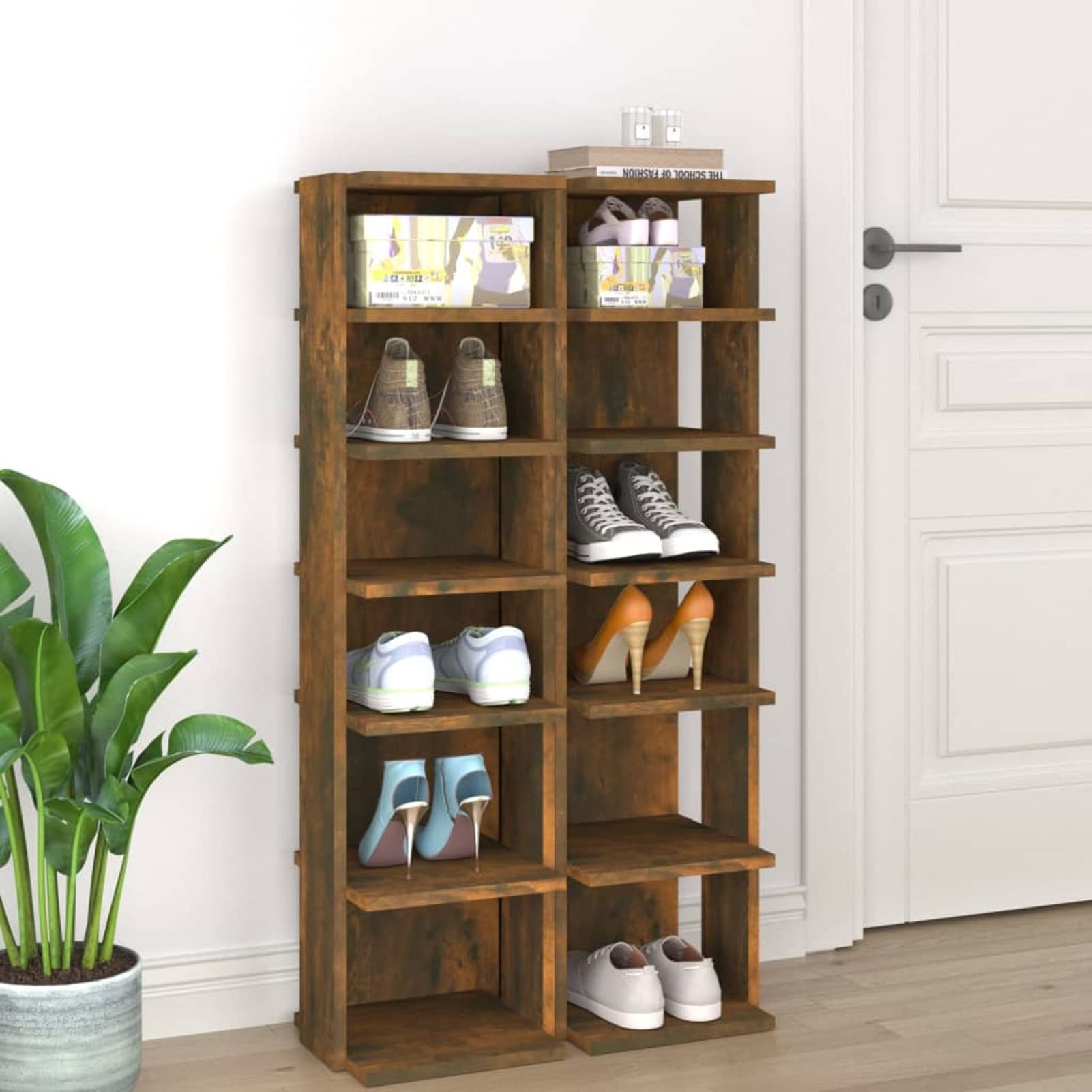 Armoire de rangement pour chaussures chêne fumé lot de 2 étagères étroites spécial petit couloir