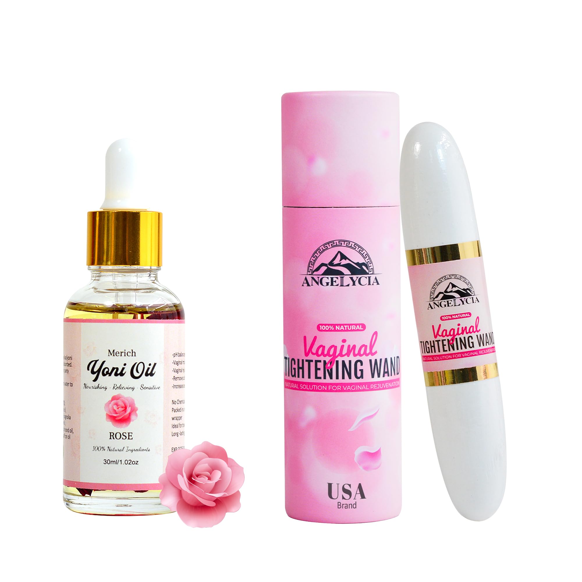 ANGELYCIA Ultimate Feminine Rejuvenation Combo, Virginity Wand and Feminine Yoni Detox Oil Rose, Vaginal Tightening Solution, Restores pH Balance for Women,