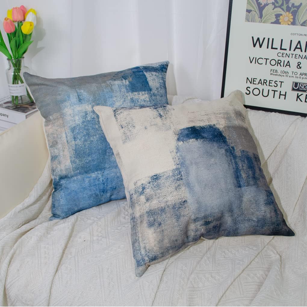 Blue Grey Cushion Covers 50 x 50 cm Set of 4 Decorative Cushions Modern Sofa Cushion Linen Cushion Cover Abstract Painting Decorative Cushion Aesthetic Couch Cushion Cuddly Cushion for Sofa Living