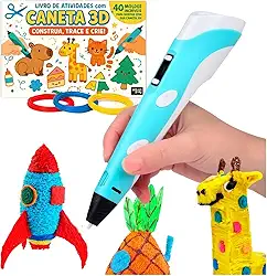 Caneta Impressora 3D USB Bivolt com Controle de Temperatura, Display LCD e Filamentos ABS/PLA - Kit Completo para Crianças e DIY Criativo (Azul)