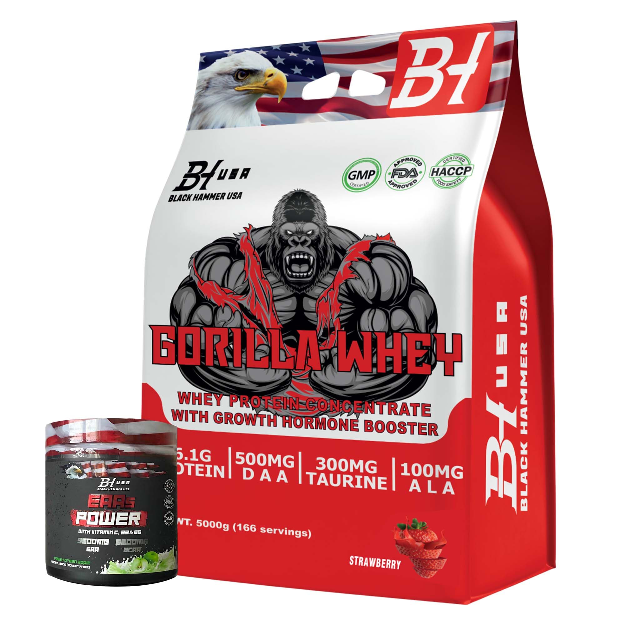 GORILLA Whey Protein 5KG + Free EAAs – Black Hammer USA Protein Powder for Muscle Growth & Recovery (5000g, Erdbeere)