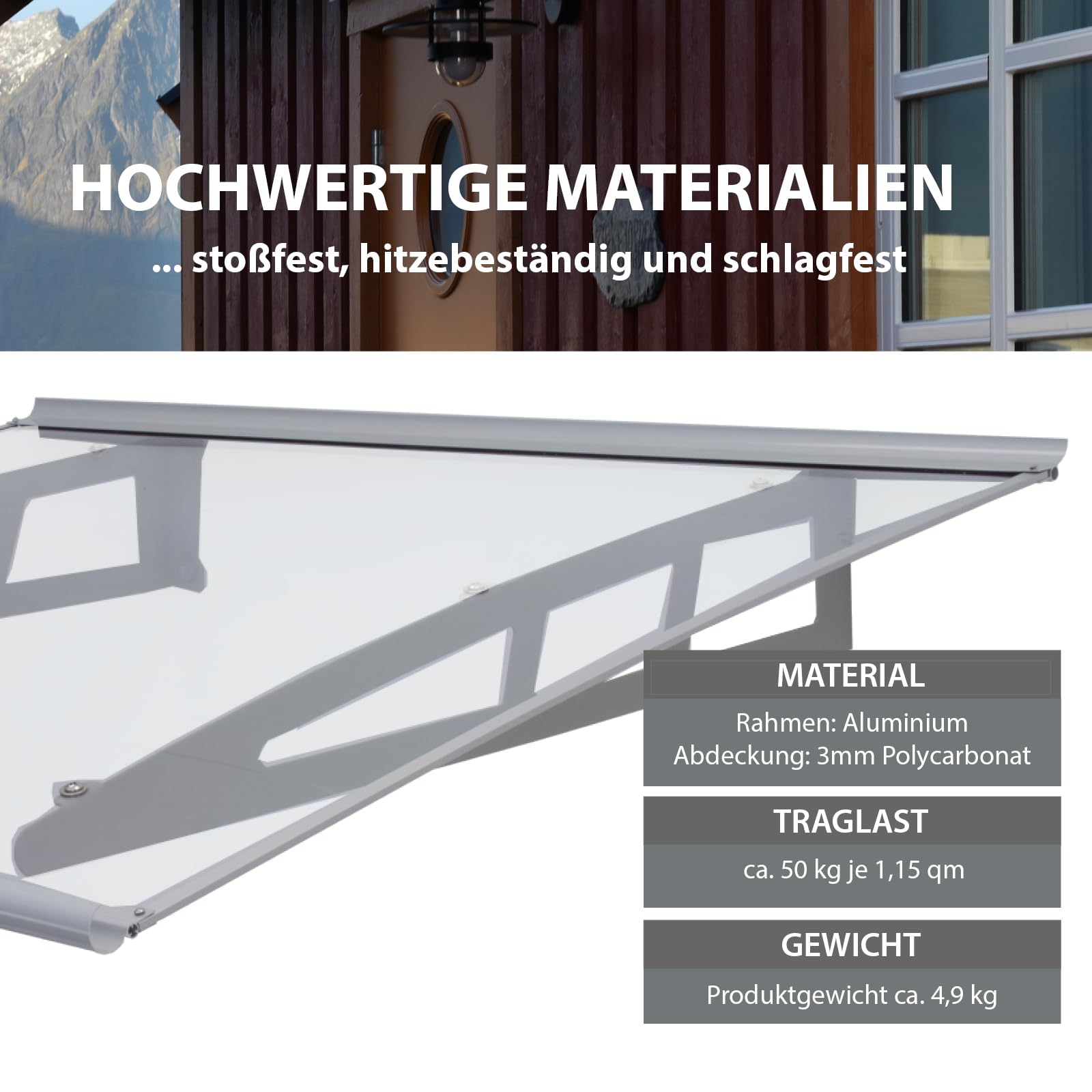 TRUTZHOLM Vordach für Haustür aus Aluminium und Polycarbonat 115 x 80 cm Haustürvordach Pultvordach Türdach Türvordach Haustür Dach