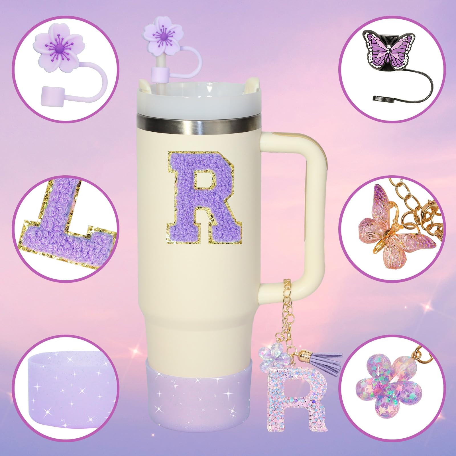 Stanley Cup Accessories Set - 9 PCS Decorations For 30oz & 40oz Tumblers (Straps, Charms, Lid, Cover)