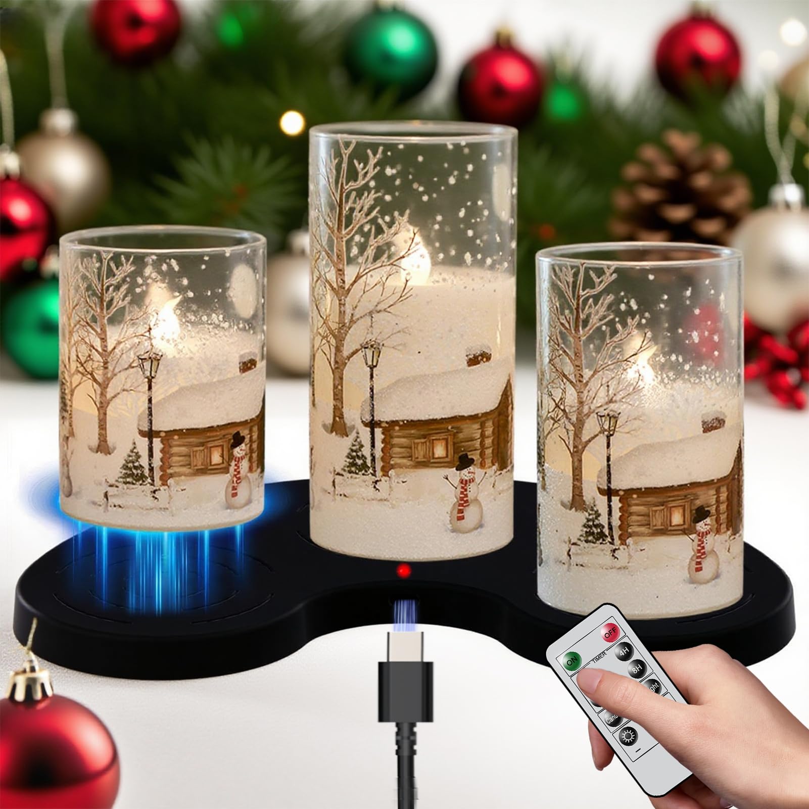 Eldnacele Christmas Snowman Rechargeable Glass LED Candles Flickering with Remote Timer, Real Wax Flameless Pillar Candles for Christmas Decorations Home Decor