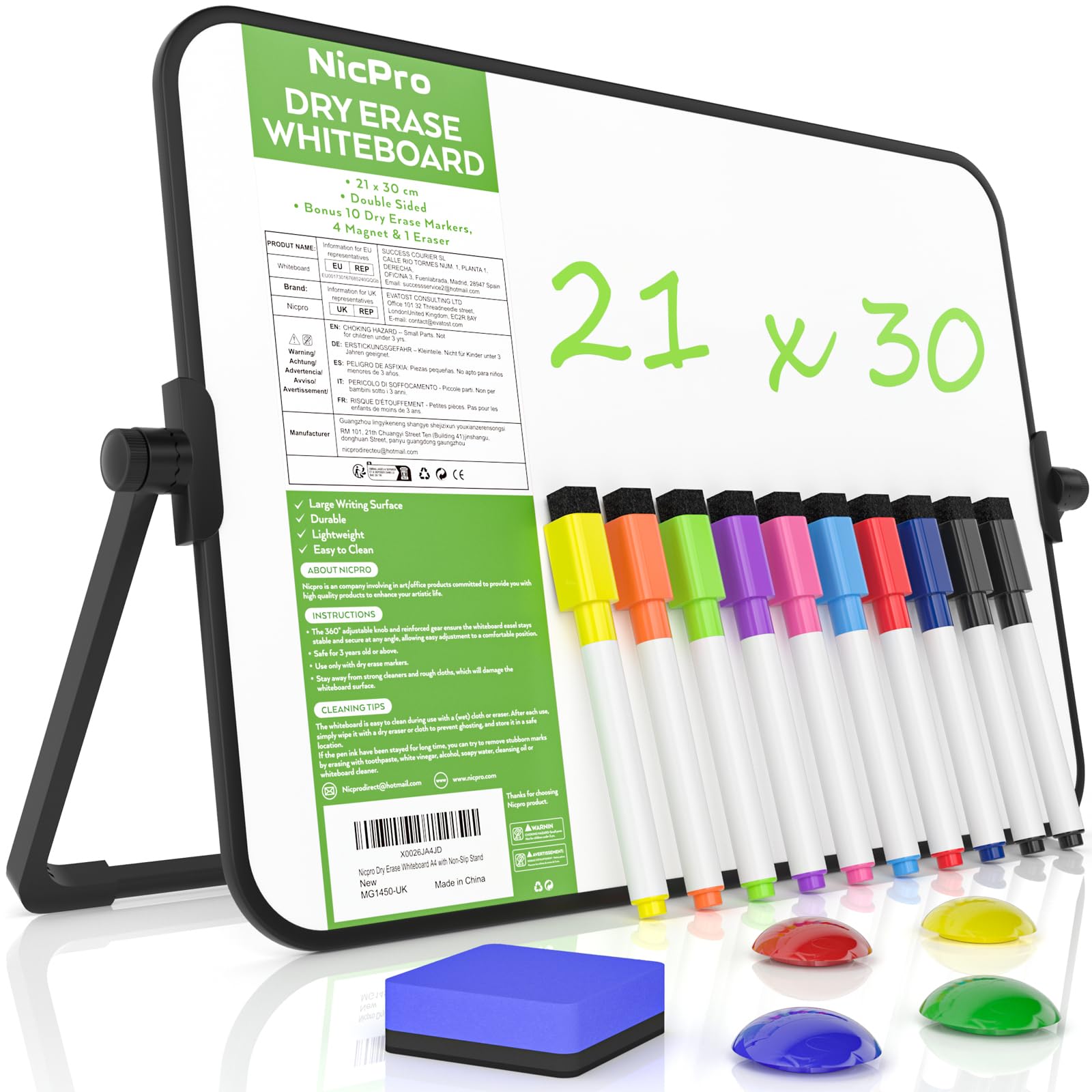 Nicpro Dry Erase Whiteboard A4 with Stand, 21 x 30 cm Double Sided Magnetic Desktop White Board with 10 Pens, 4 Magnets