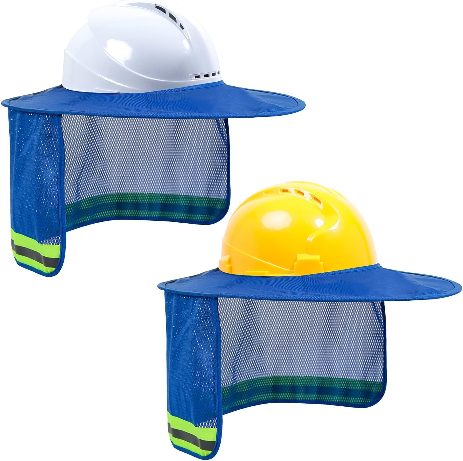TCCFCCT Hard Hat Sun Shield, Full Brim Mesh Neck Sun Shade with Reflective Strip, High Visibility Sun Visor Neck Shade for Construction Helmets, (Hard Hat Not Included), Blue, 2 Packs