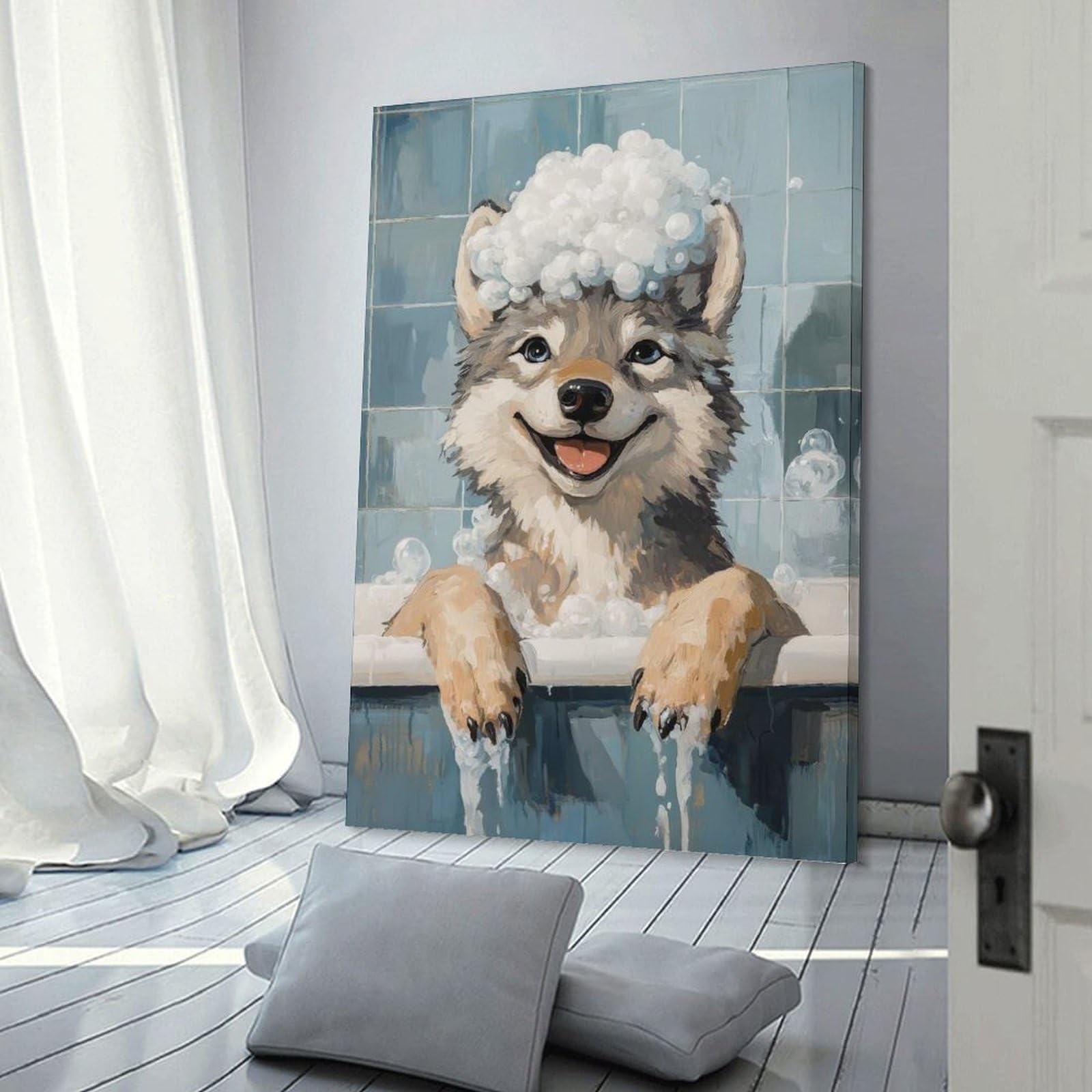 Junmoney Wall Picture Print Wolf in A Bubble Bath, 20x30inch(50x75cm), for Living Room, Lounge Or Sitting Room, Modern Wall Decor for Cosy Interiors