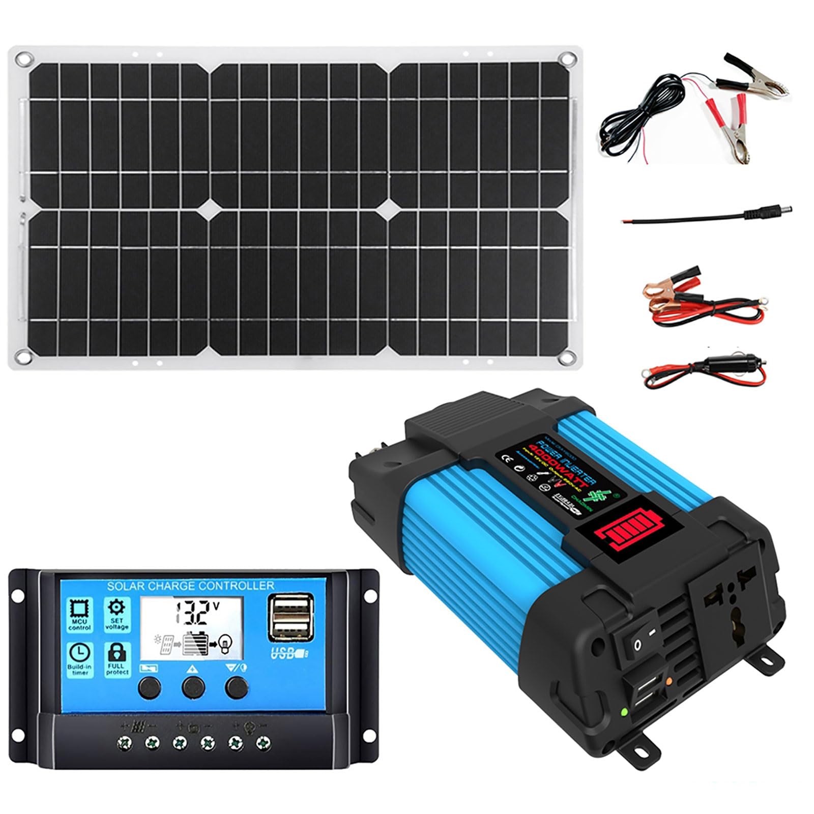 Miizoo One Color 4000W Independent Solar Panel Kit With 18W Waterproof Monocrystalline Panel And 30A Controller For Motorhomes And Motorhomes, Two Usb Ports, Led Display And 110/220V Inverter.