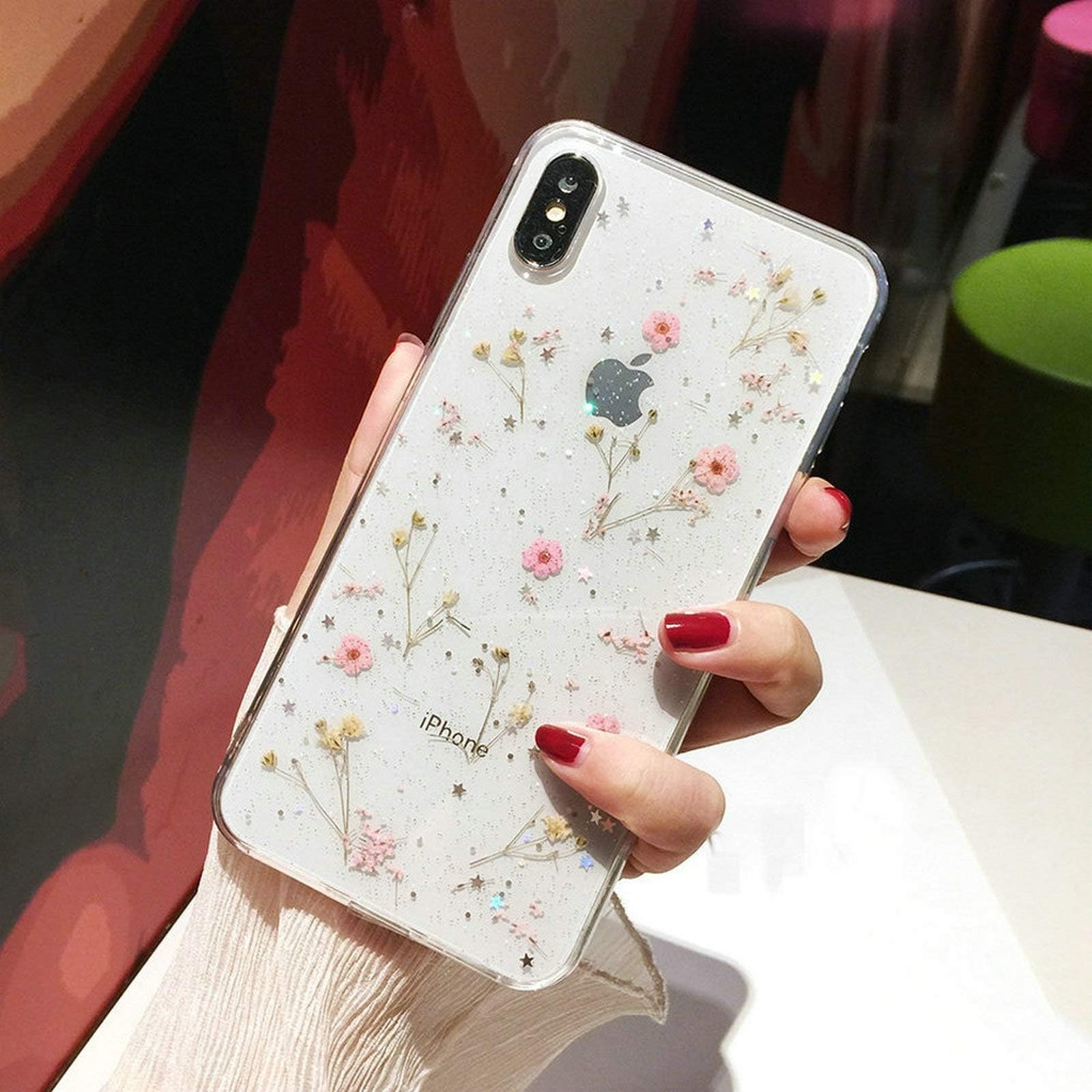 Shinymore Compatible with iPhone 13 Pro Max Flower Case, Soft Clear Flexible Rubber Pressed Dry Real Flowers Case Girls Glitter Floral Cover Compatible with iPhone 13 Pro Max -Pink