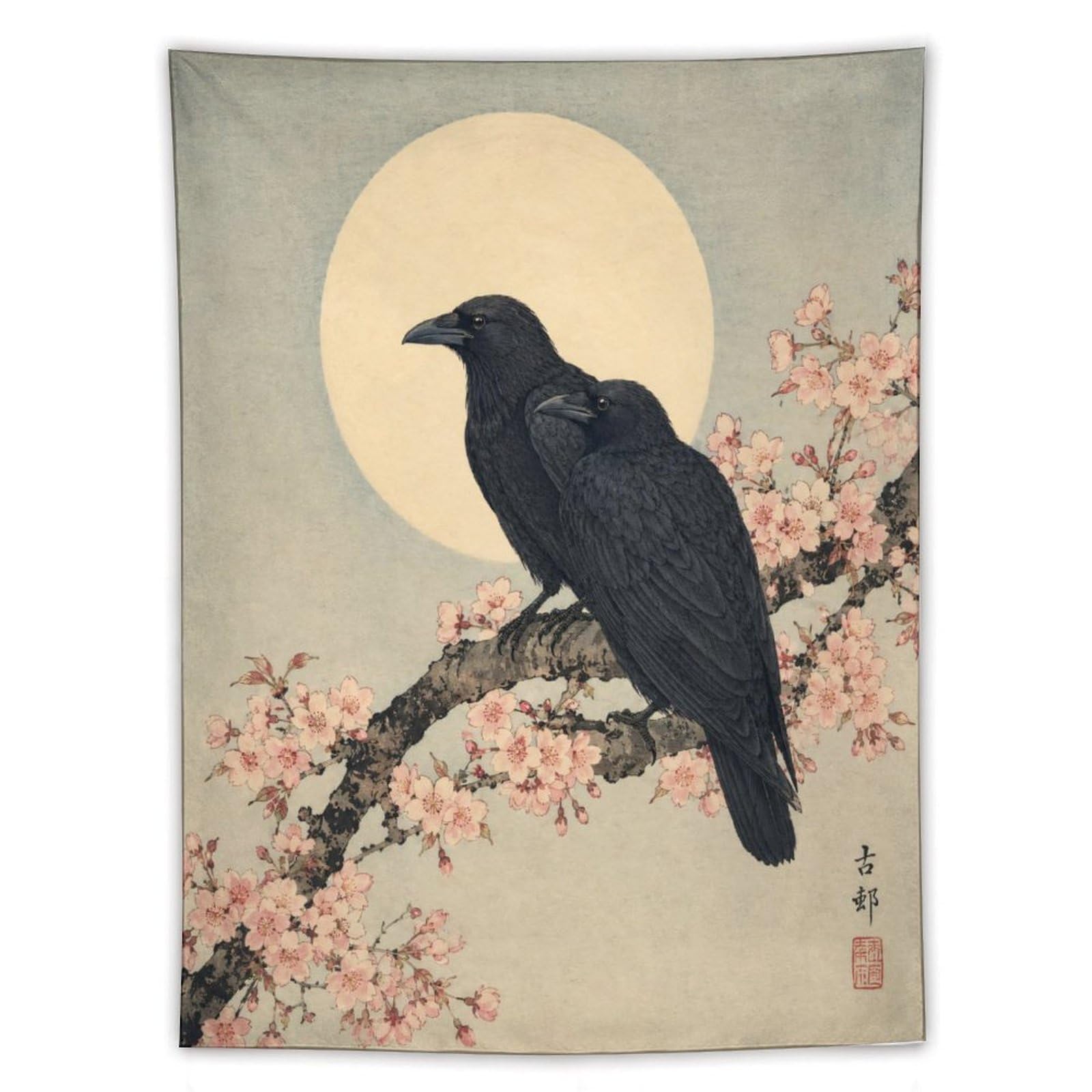 H3B8U2Y5 Raven Silhouette and Moon Wall Tapestry, Ukiyo-e, Ceiling Hanging