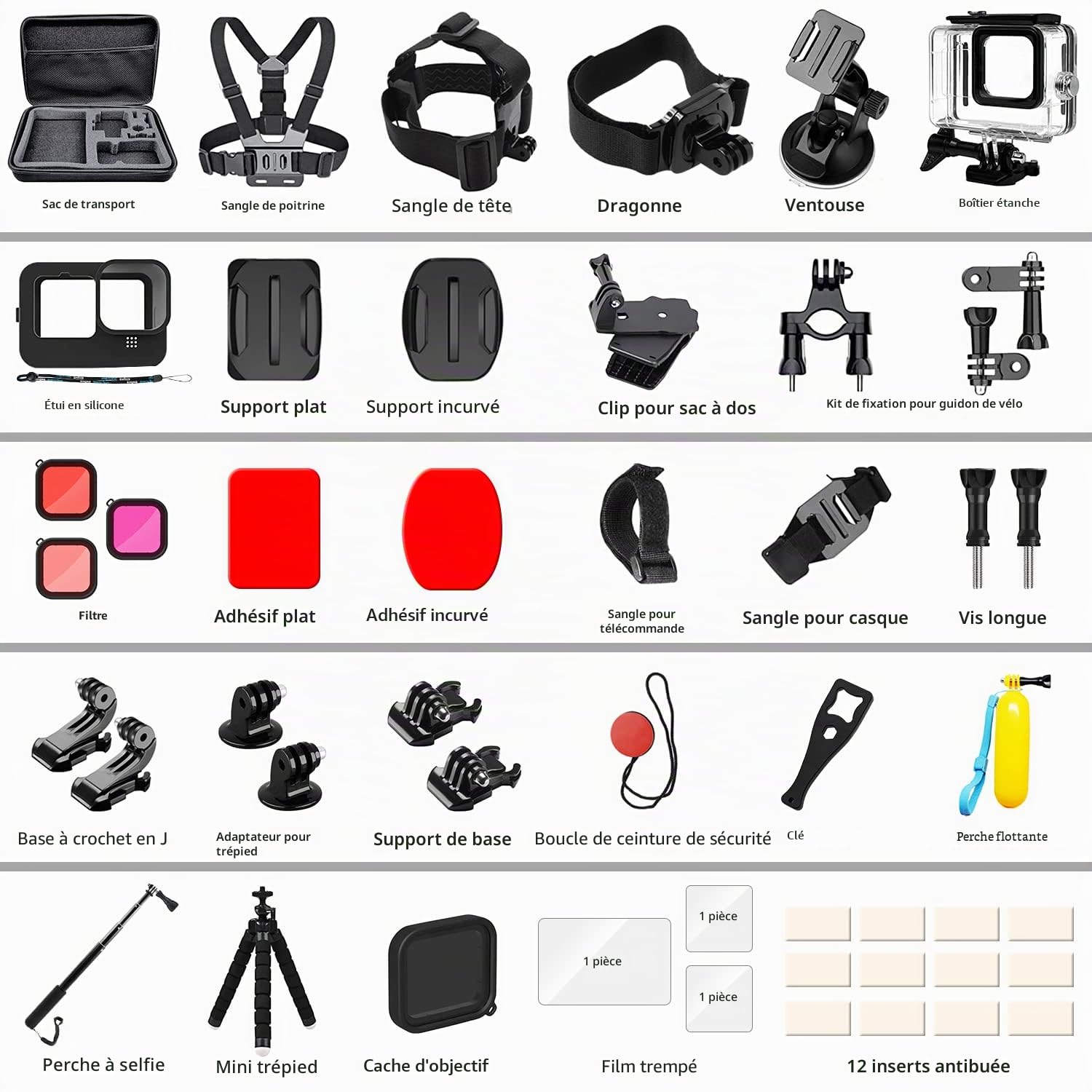 Kit d' Accessoires pour GoPro Hero 12 11 10 9 Black, oGoDeal Caméra d'action Comprenant boitier étanche, Protection D'écran, Un Support de vélo, Poignée Flottante