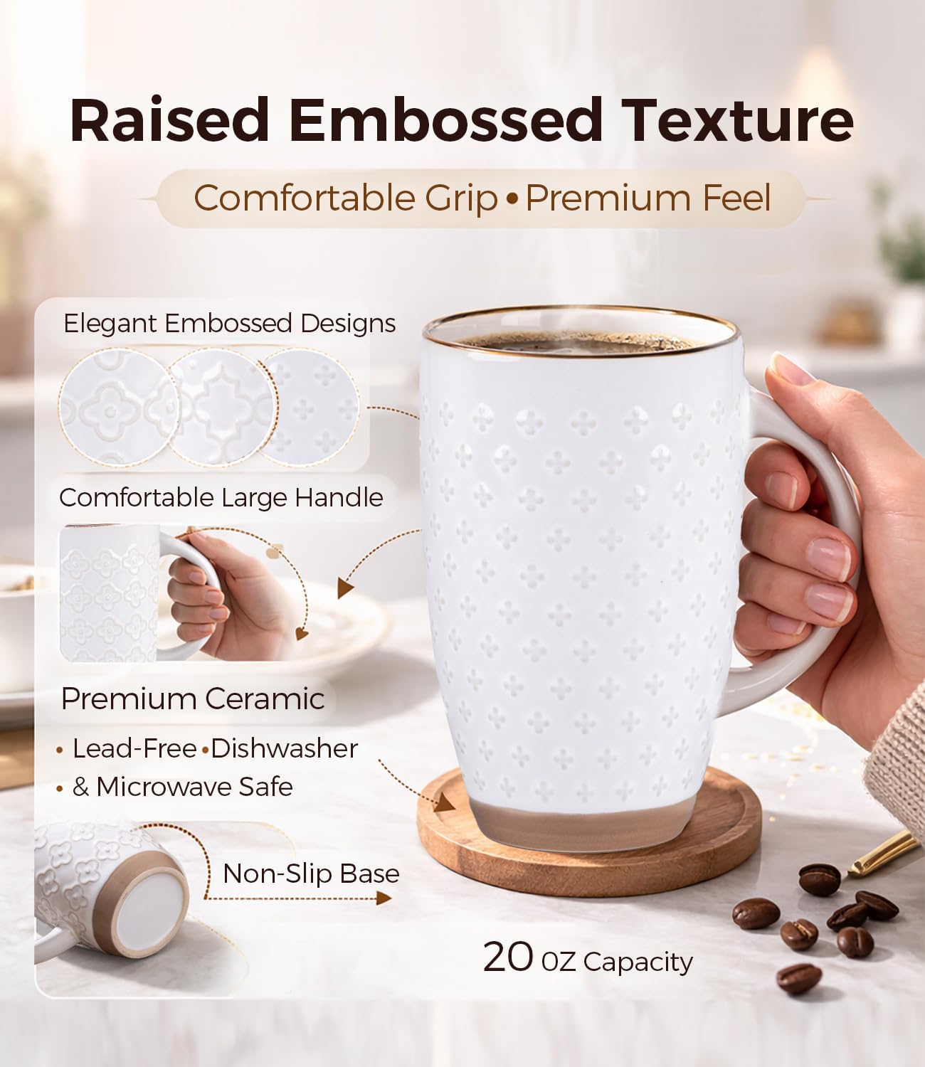 GBhome 20oz Large Coffee Mugs Set of 6, Handmade Tall Ceramic Coffee Mugs with Texture Patterns for Cappuccino, Latte,Hot Cocoa, Dishwasher & Microwave Safe-Off White