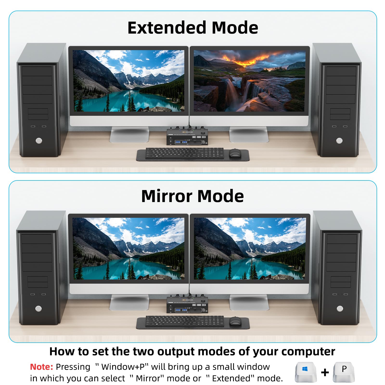 8K KVM Switch 2 PC 2 Monitore 8K@60Hz 4K@144Hz Displayport+HDMI Dual Monitore KVM Switch für 2 PC Share 2 Monitore und 4 USB 3.0 Geräte, Kabelfernbedienung, 12V Netzteil und USB Kabel enthalten