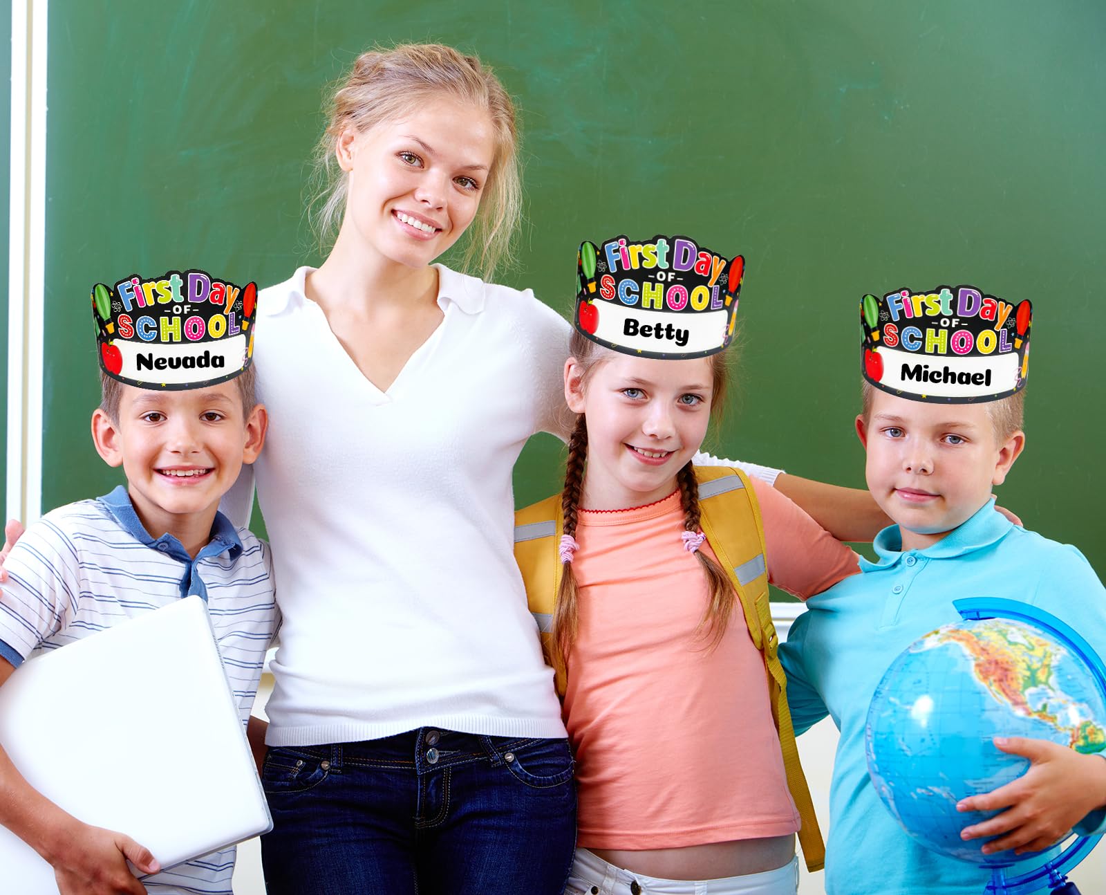 JUESMOS First Day of School Crowns Decorations 24pcs Adjustable Kids First Day of School Paper Cap Headband Gifts for Kids Students,Back to School Party Hats for First Day of Kindergarten Preschool