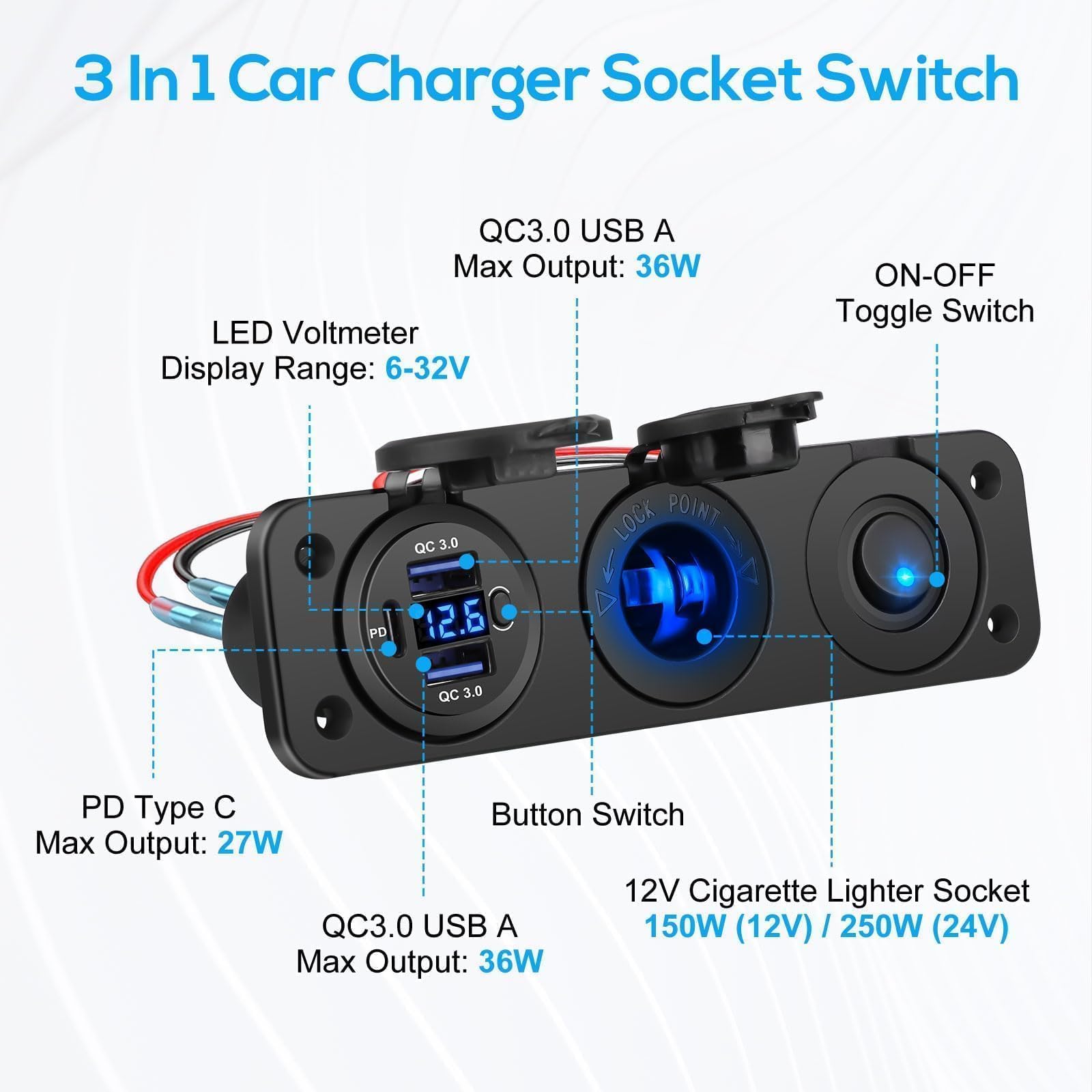 Qiilu Splitter Accendisigari Auto 3 In 1 Con Voltmetro E Doppia USB - Adattatore Di Potenza 12-24V Con Interruttore E Protezione Sovraccarico - 3